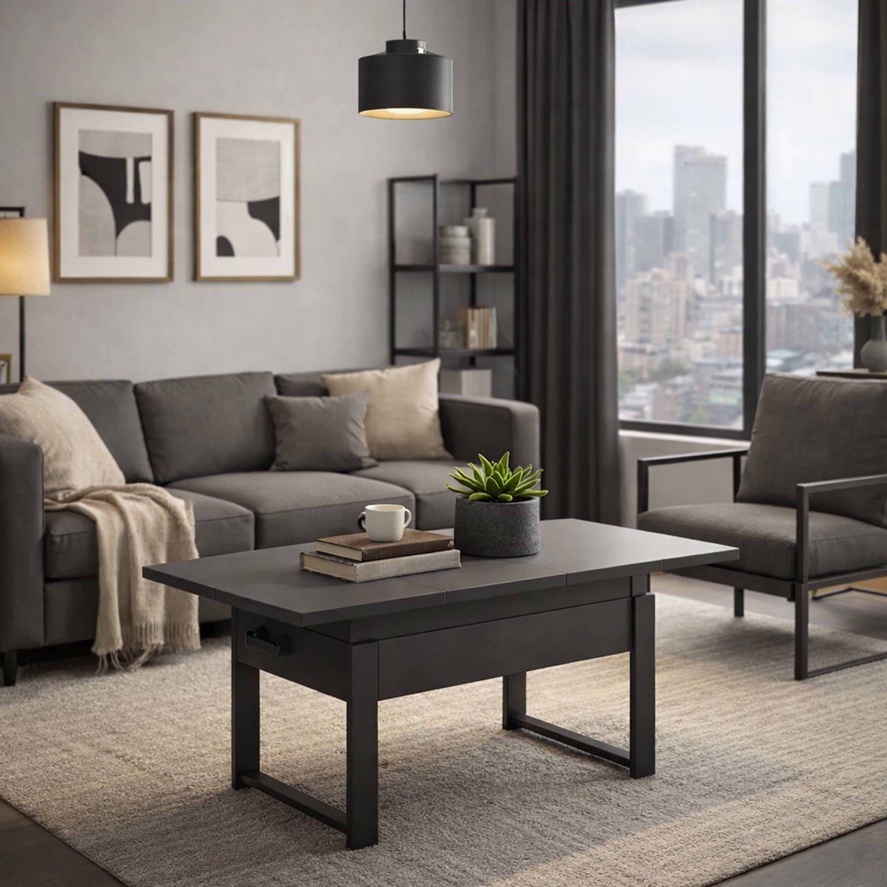 Ausziehbarer Couchtisch Hugo 120(157)x67 cm grau diamantmuster mit schwarzen Beinen