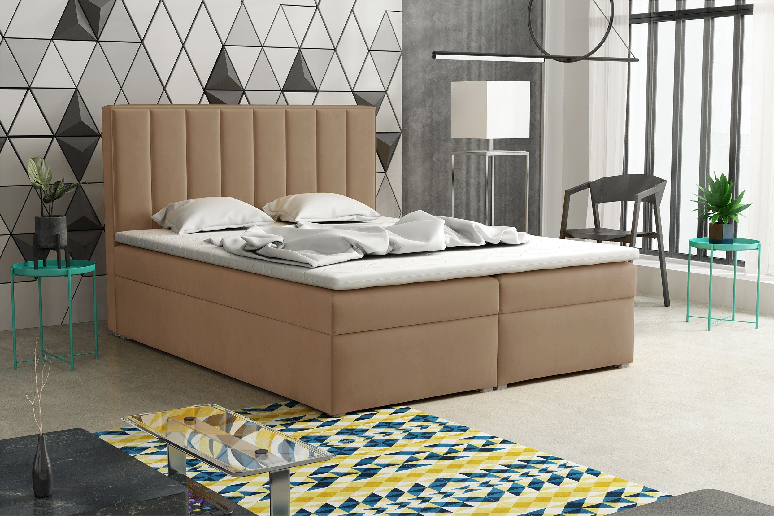 Kontinentalbett 160x200 cm Rinus mit Stauraum und Topper, beige Samt