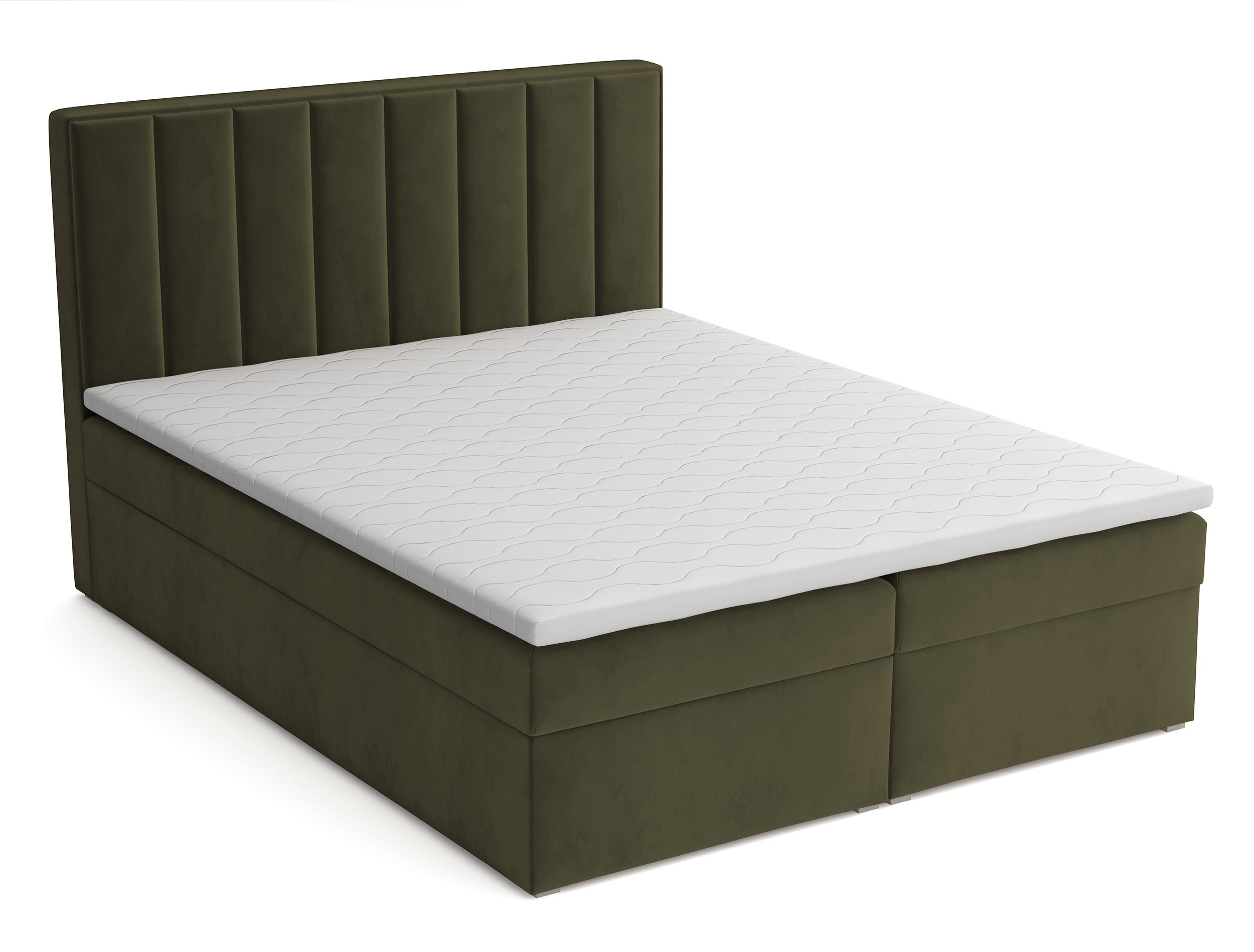 Kontinentales Bett 160x200 cm Rinus mit Stauraum und Topper, olivgrüner Samt