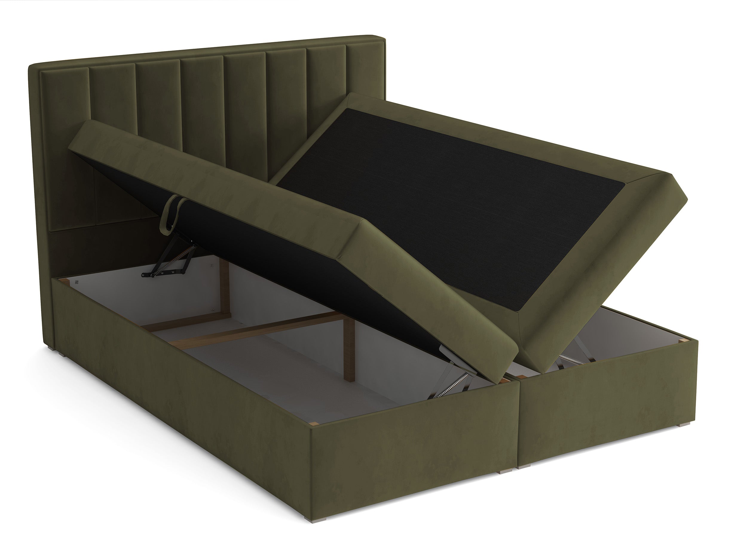 Kontinentales Bett 160x200 cm Rinus mit Stauraum und Topper, olivgrüner Samt
