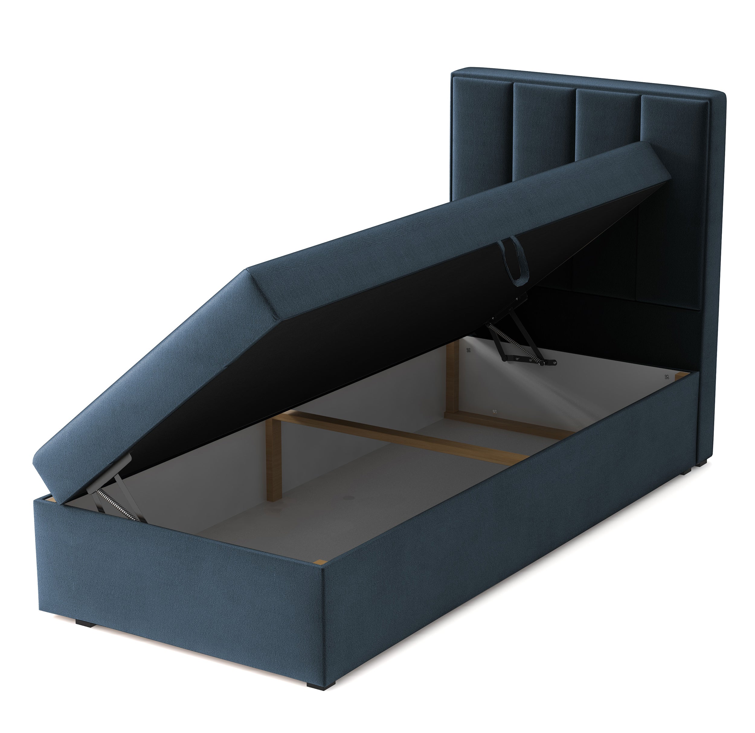 Kontinentalbett 90x200 cm Rinus mit Stauraum, marineblauer Velours, wasserabweisend, linksseitig