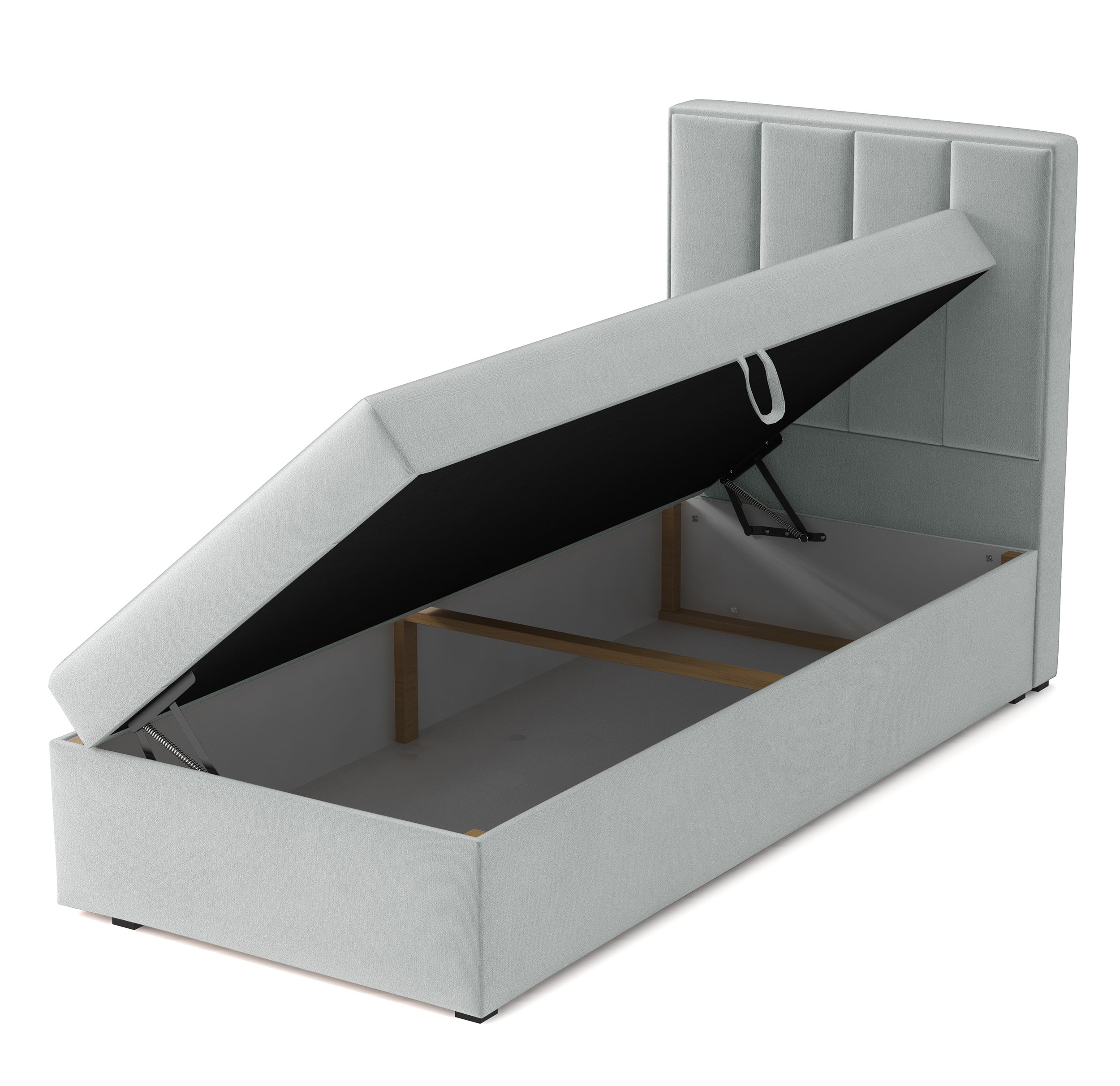 Kontinentalbett 90x200 cm Rinus mit Stauraum, hellgrauer Velours, wasserabweisend, linksseitig