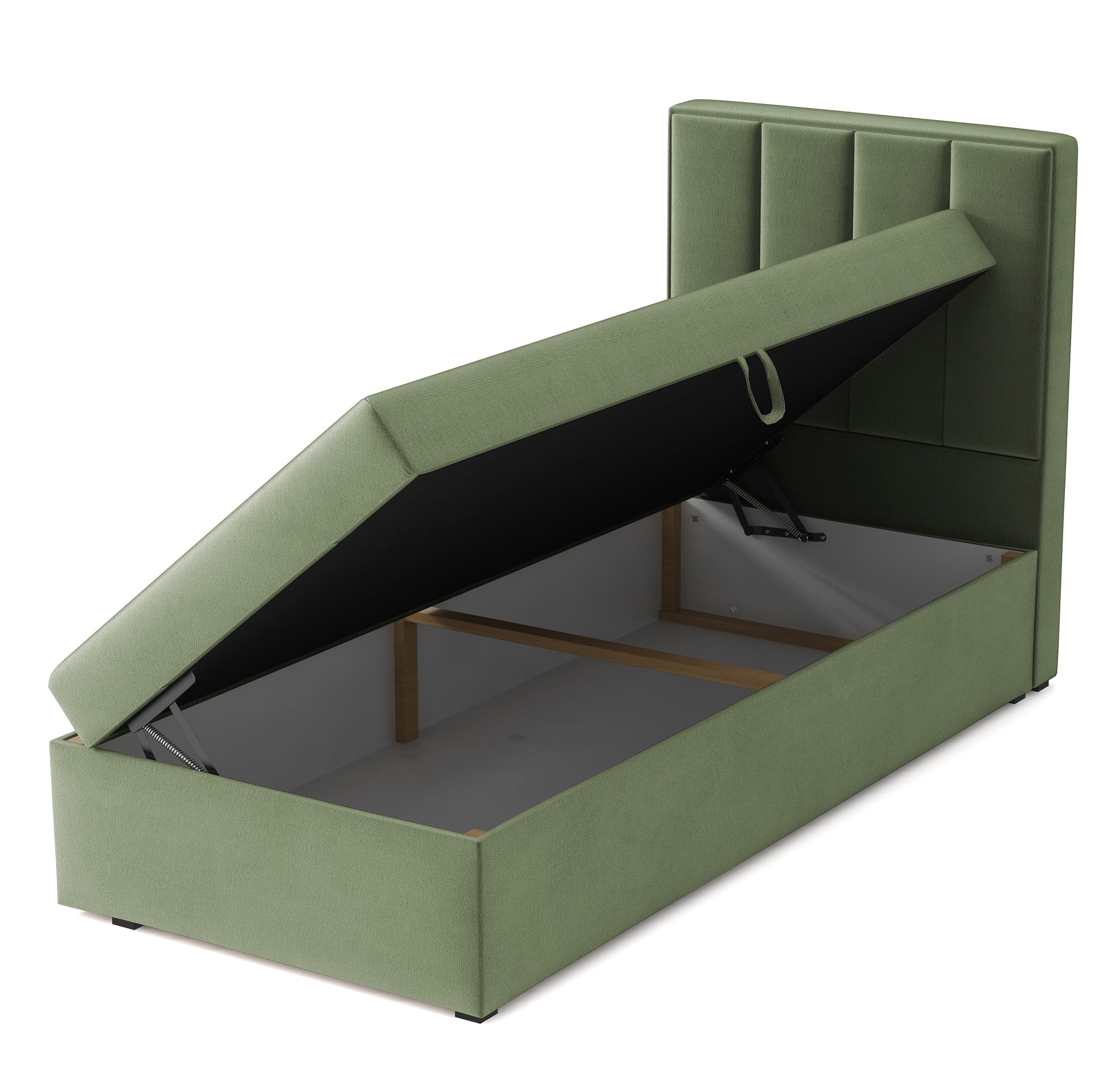 Kontinentalbett 90x200 cm Rinus mit Stauraum, salbeigrüner Velours, wasserabweisend, linksseitig