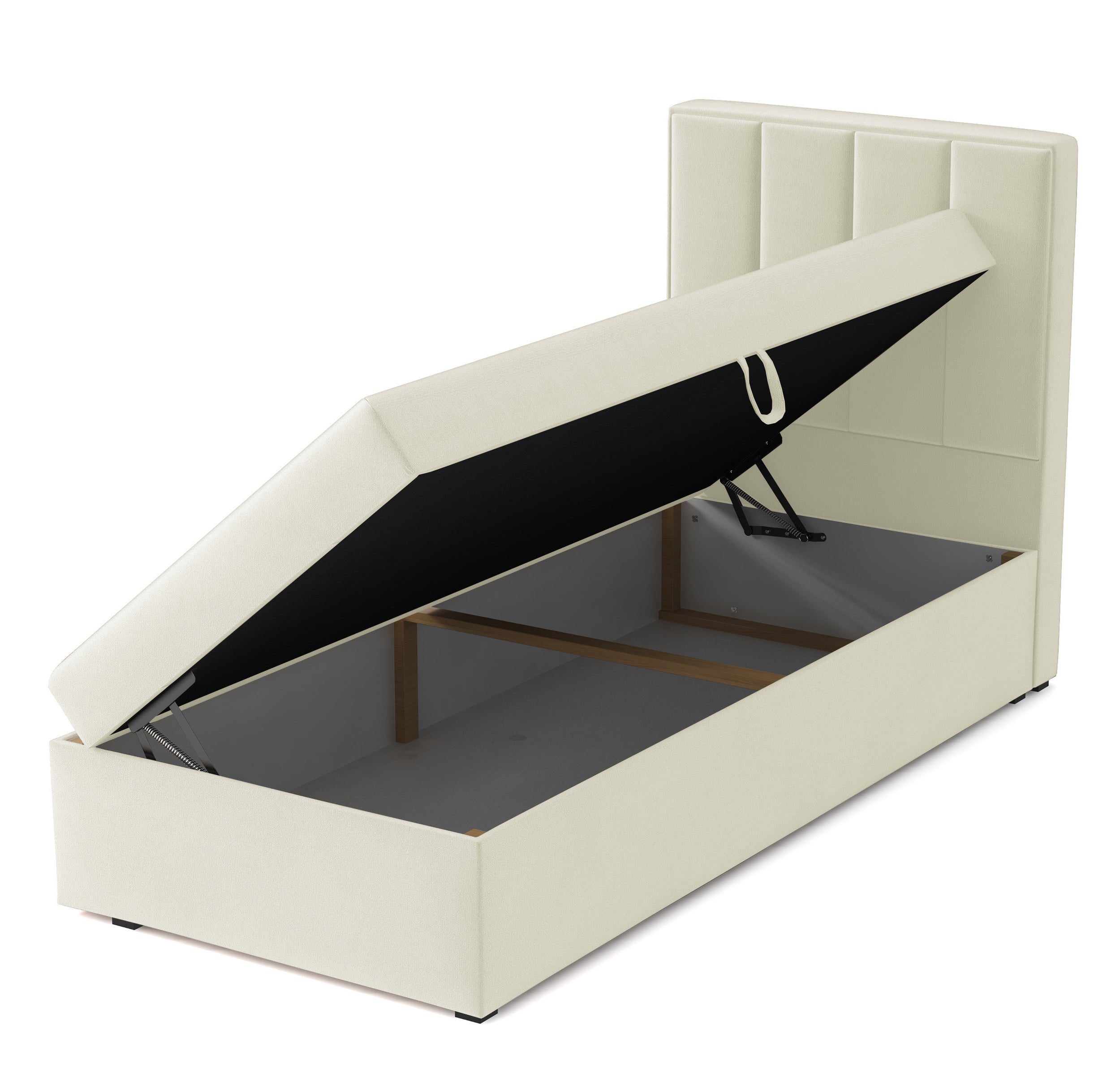 Kontinentales Bett 90x200 cm Rinus mit Stauraum, cremefarbener Velours, wasserabweisend, linksseitig