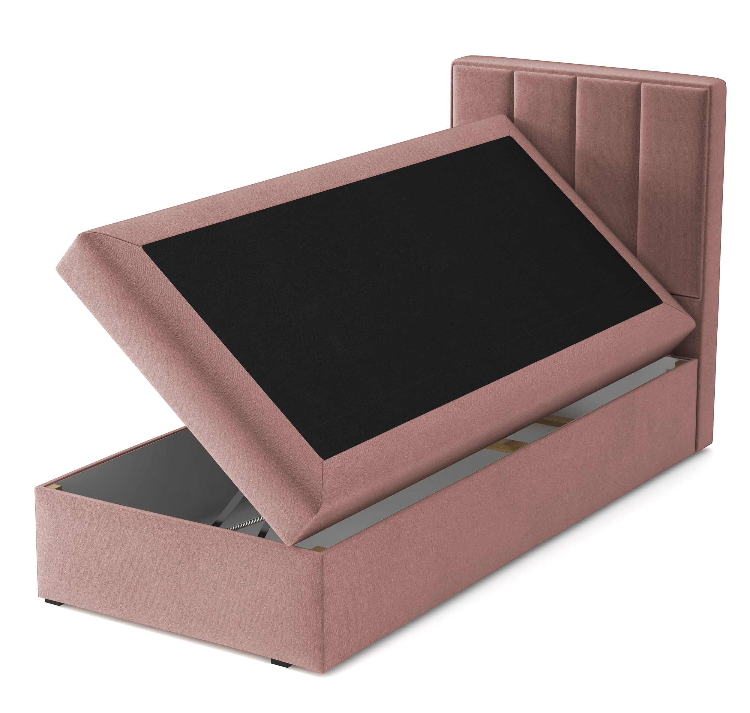 Kontinentalbett 90x200 cm Rinus mit Stauraum, rosa Velours, wasserabweisend, rechtsseitig