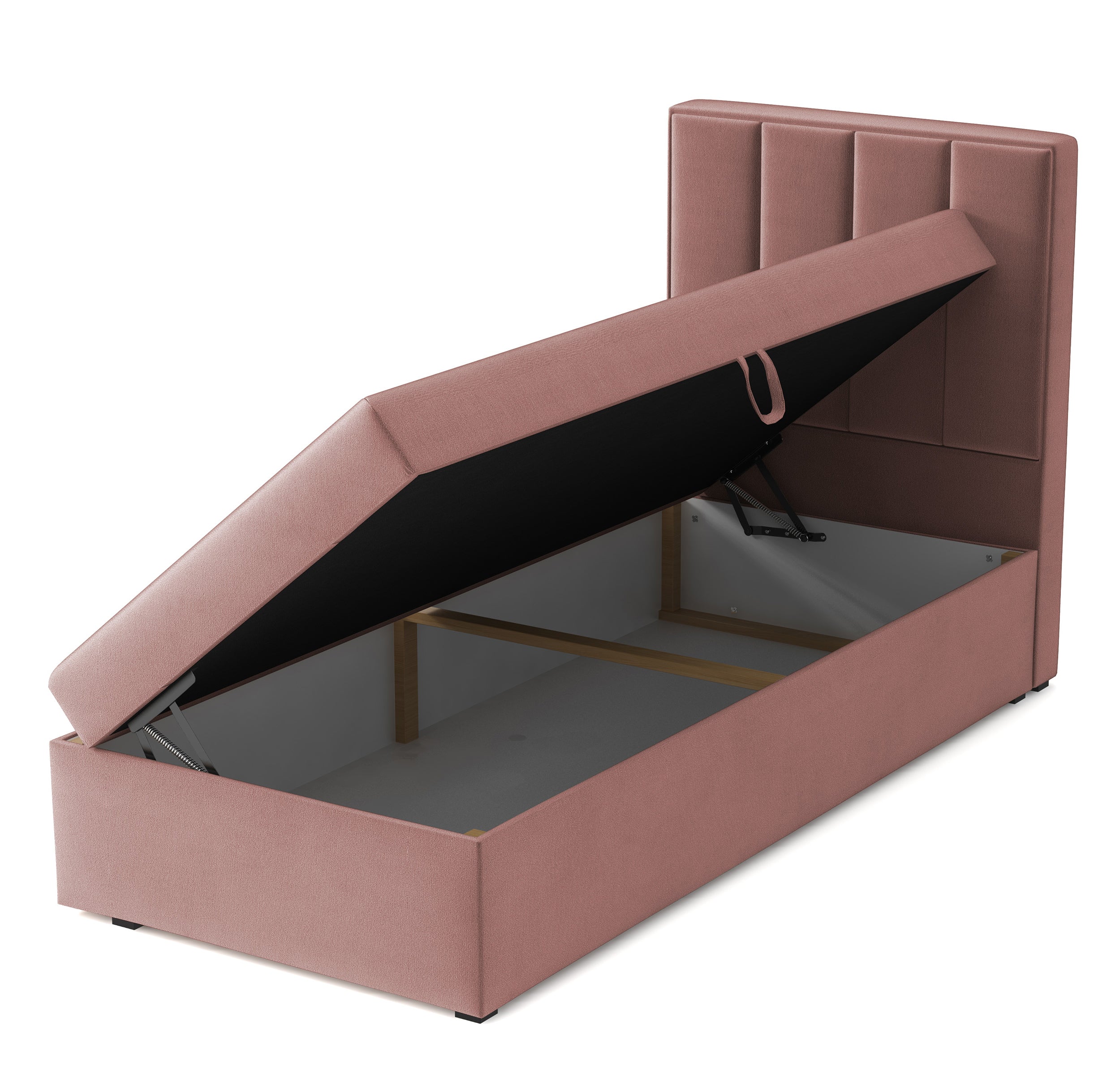 Kontinentalbett 90x200 cm Rinus mit Stauraum, rosa Velours, wasserabweisend, linke Ausführung