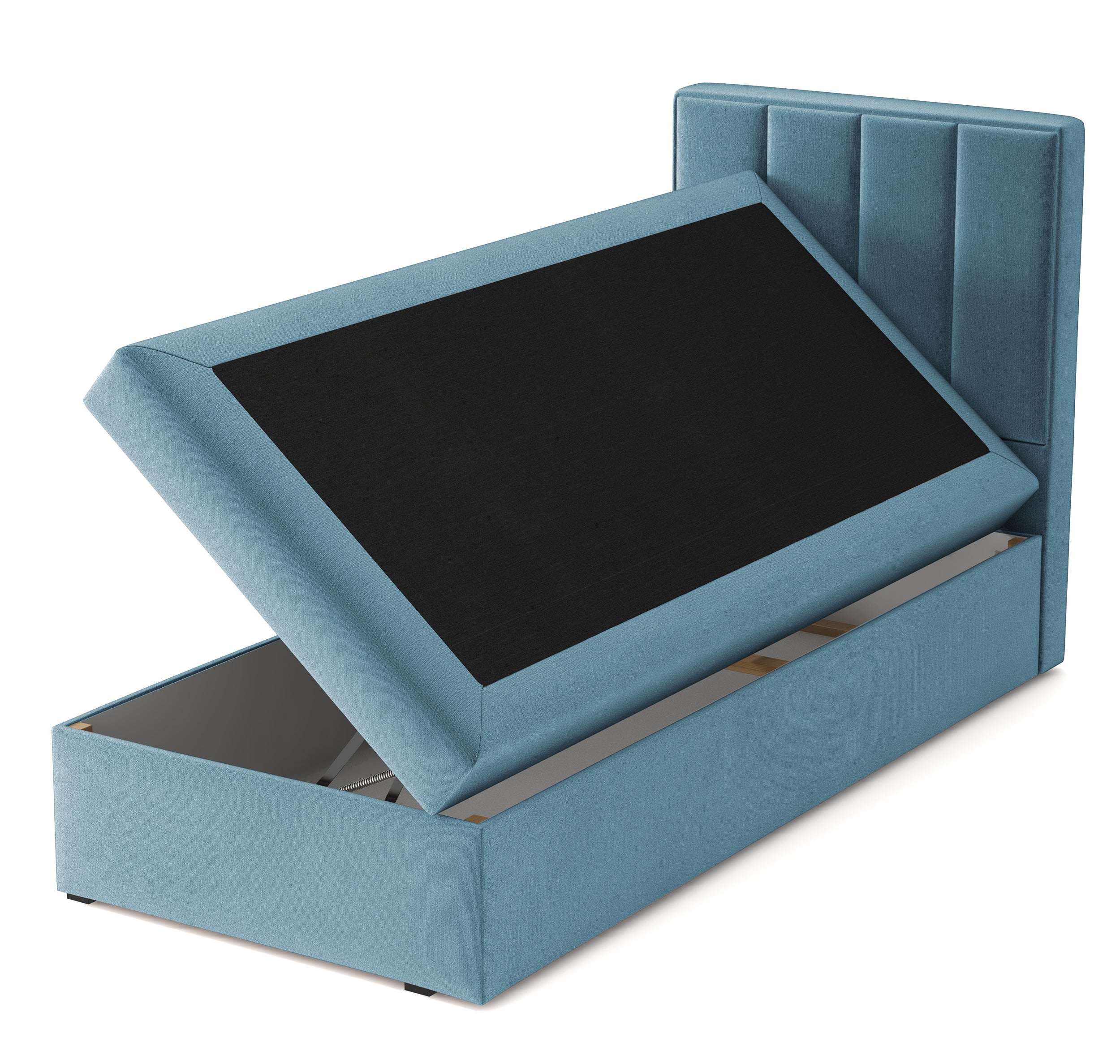 Kontinentalbett 90x200 cm Rinus mit Stauraum, hellblauer Veloursstoff, wasserabweisend, rechtsseitig