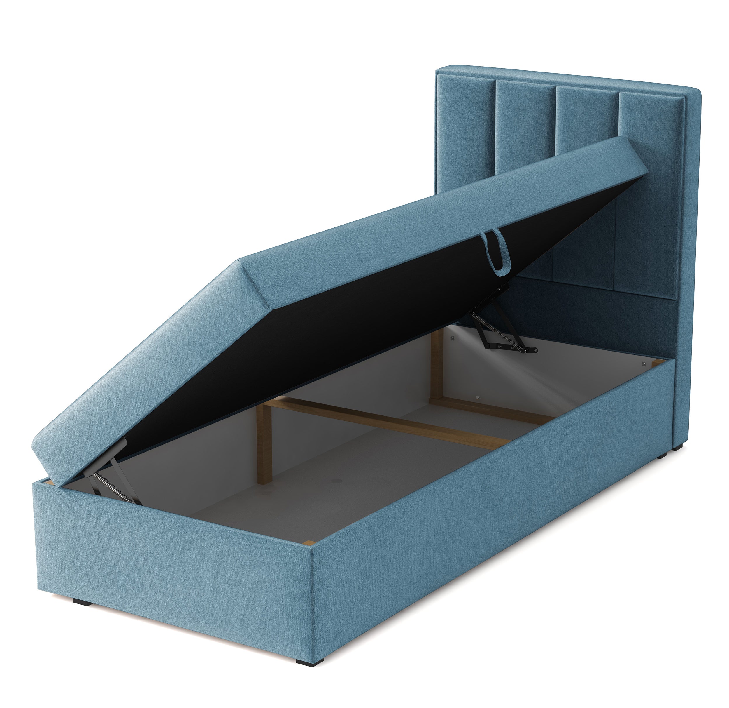 Kontinentalbett 90x200 cm Rinus mit Stauraum, hellblauer Velours, wasserabweisend, linksseitig