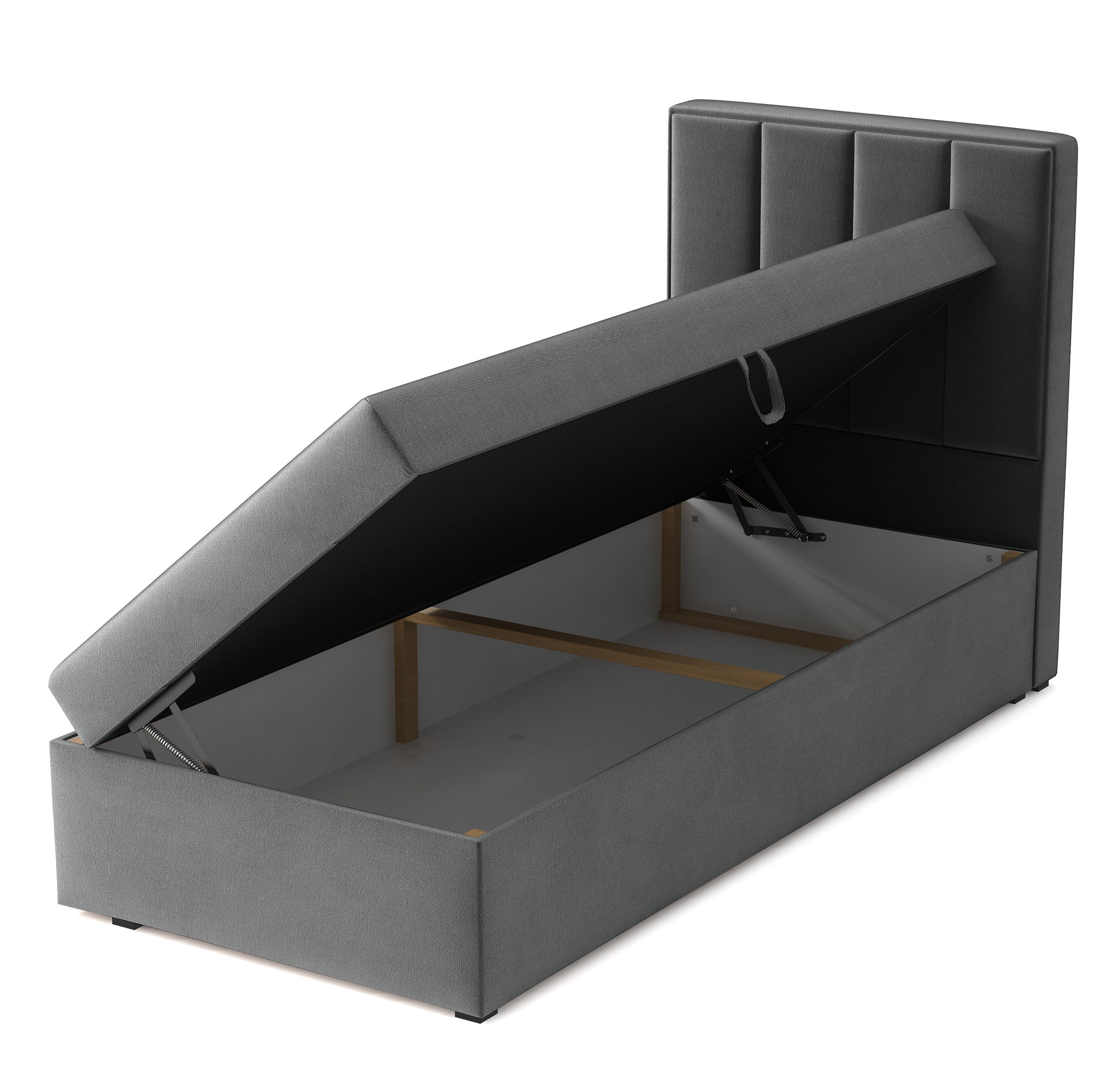 Kontinentales Bett 90x200 cm Rinus mit Stauraum, dunkelgrauer Velours, hydrophob, linksseitig