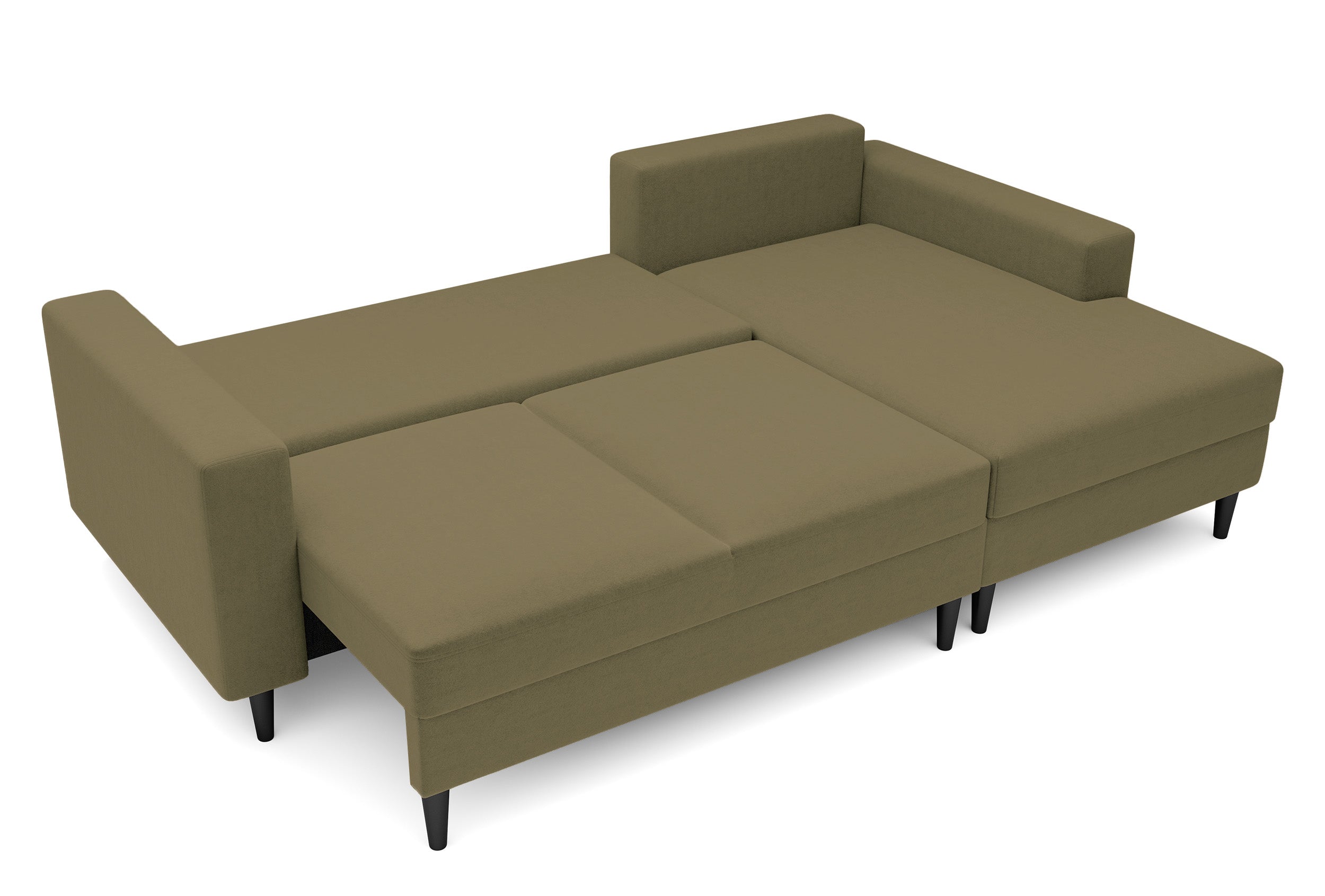 Ecksofa mit Schlafunktion Nalika, L-förmig, mit Stauraum, olivgrüner hydrophober Samt, rechtsseitig