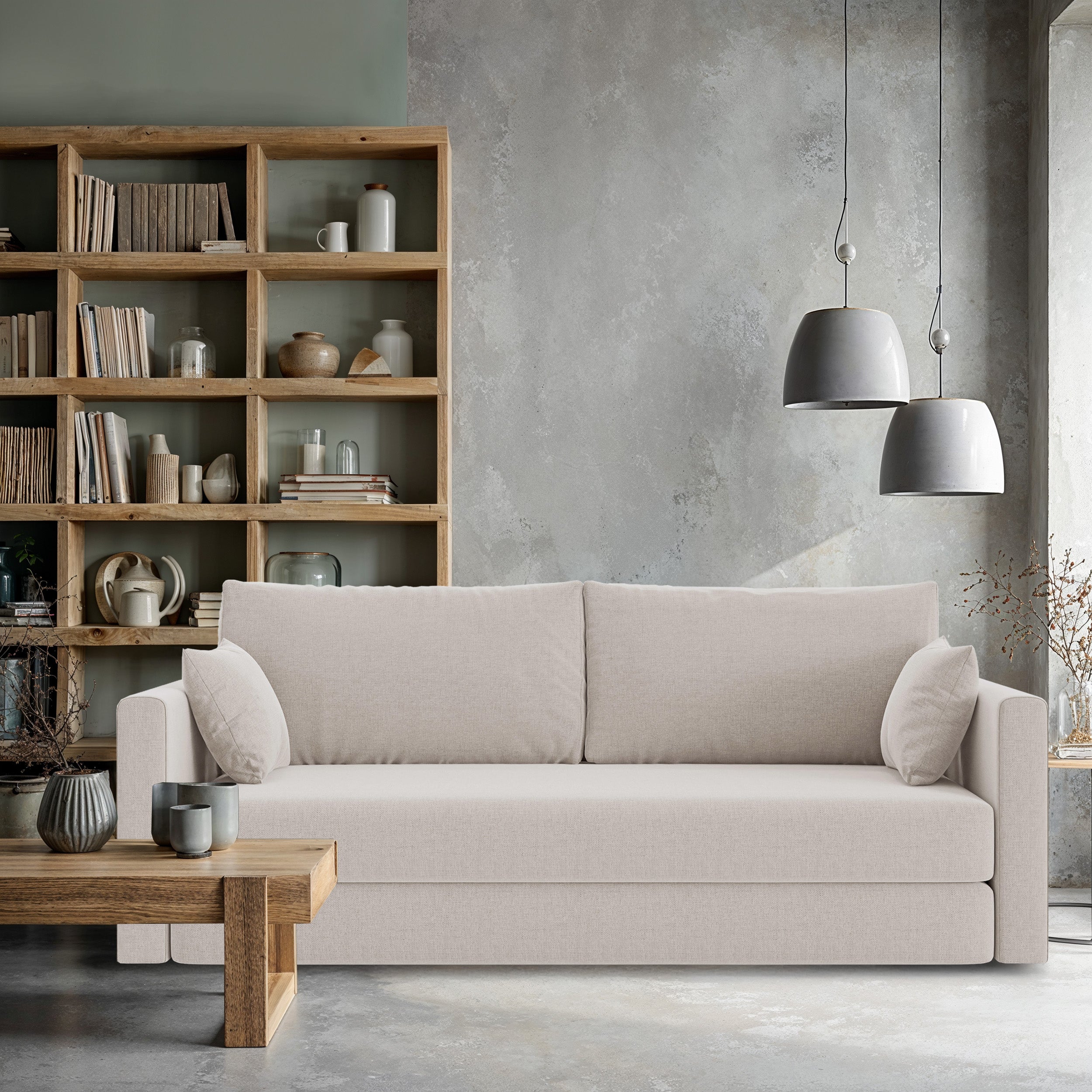 Dreisitziges Schlafsofa Avolia in hellem Beige mit Flechtmuster