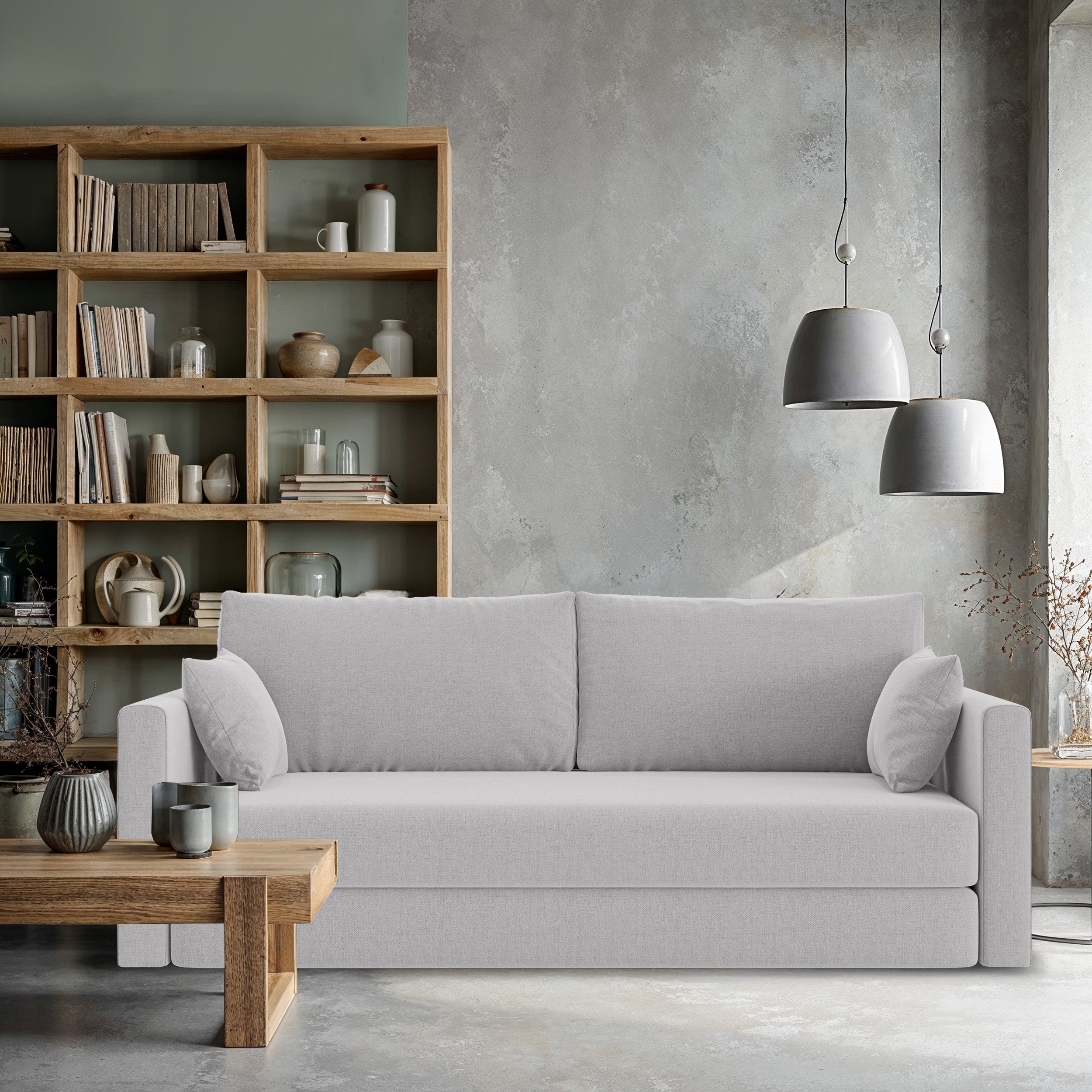 Dreisitze ausklappbares Sofa Avolia hellgrauer Flechtstoff