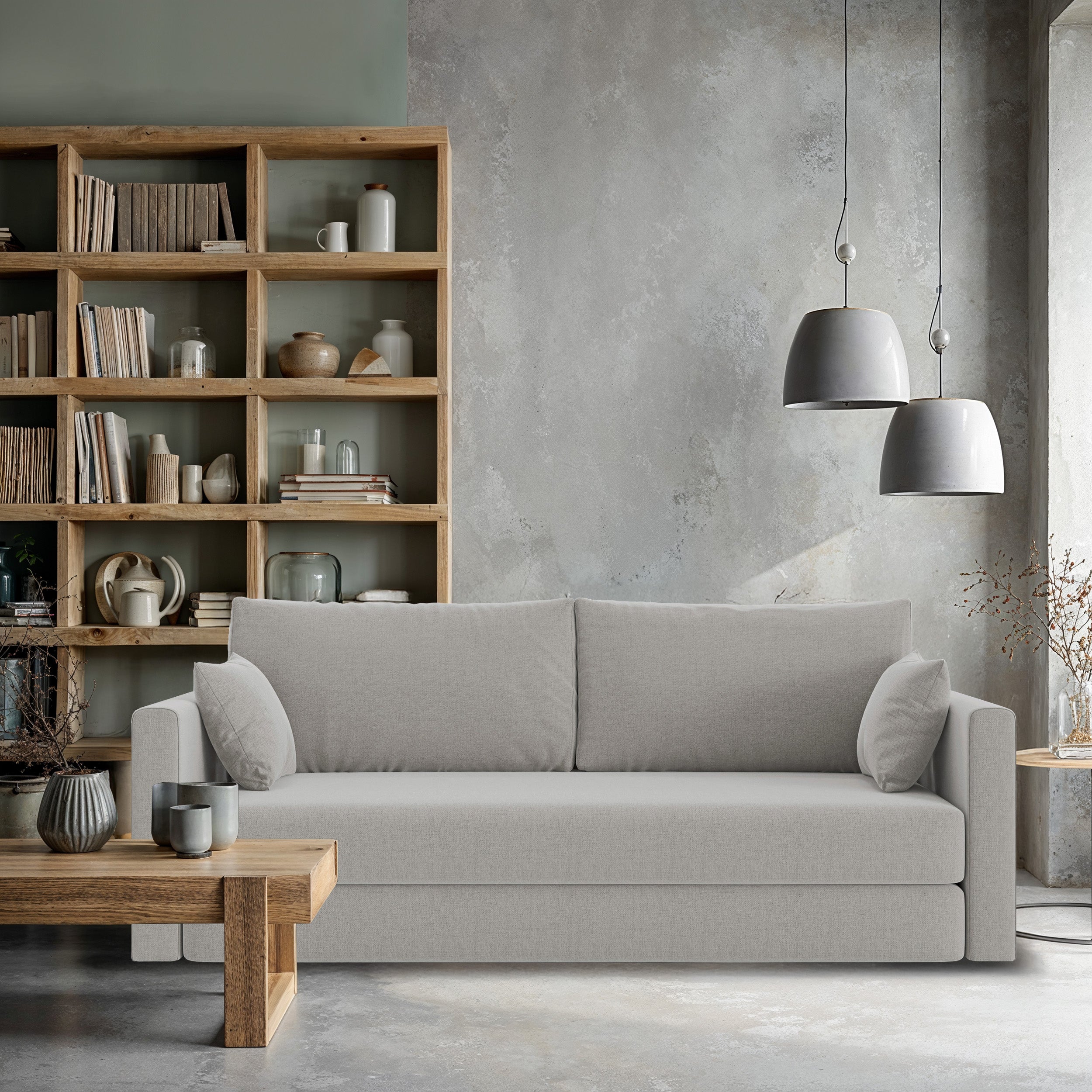 Dreisitziges Schlafsofa Avolia in grau-beigem Flechtmuster