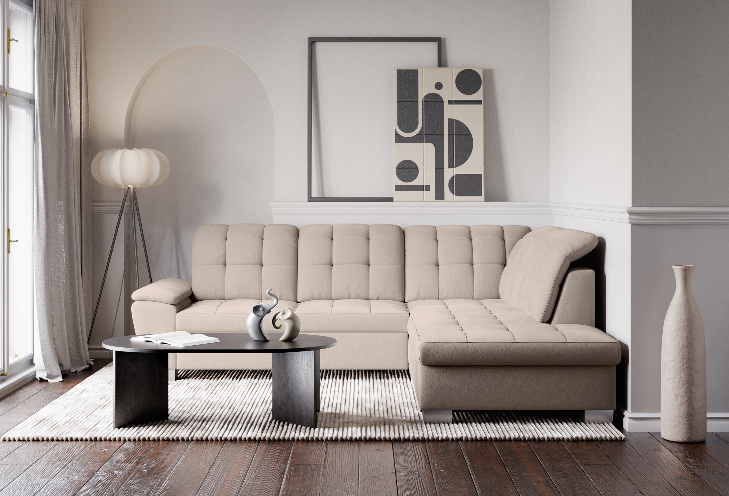 Ecksofa mit Schlaffunktion Jamaal, L-förmig, rechtsseitig, mit Stauraum, beige Flechtmuster