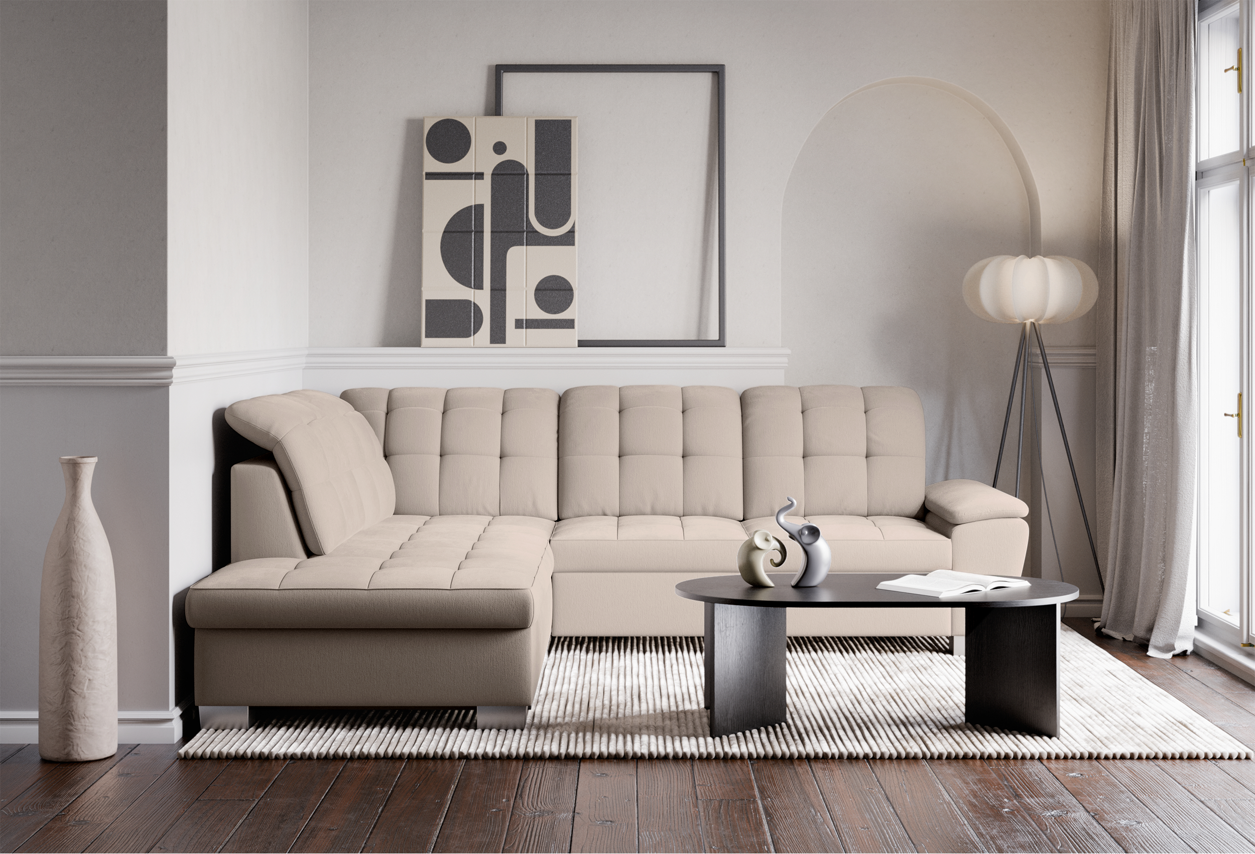 Ecksofa mit Schlaffunktion Jamaal, L-förmig, linksseitig, mit Stauraum, beige Flechtoptik
