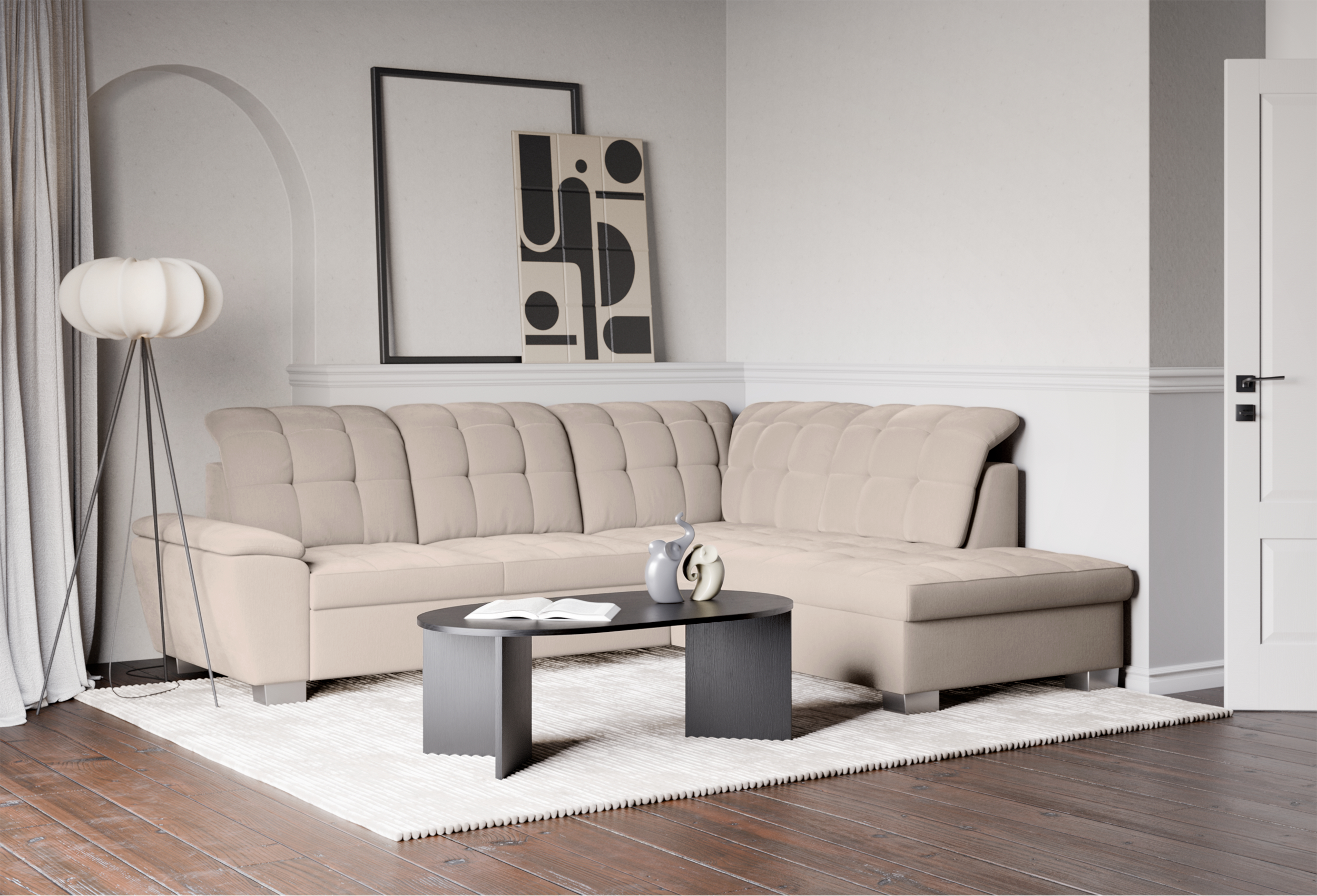 Ecksofa mit Schlaffunktion Jamaal, L-förmig, rechtsseitig, mit Stauraum, beige Flechtmuster
