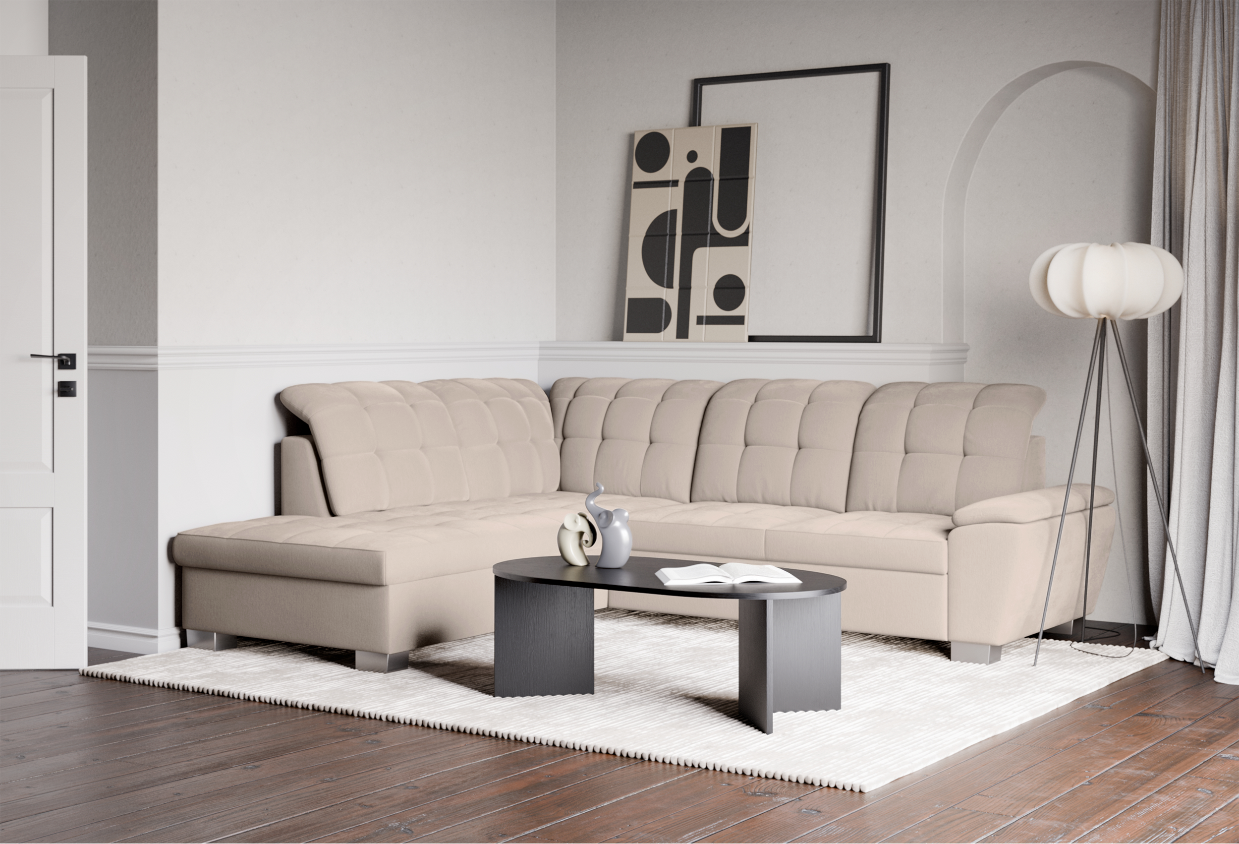 Ecksofa mit Schlaffunktion Jamaal, L-förmig, linksseitig, mit Stauraum, beige Flechtoptik