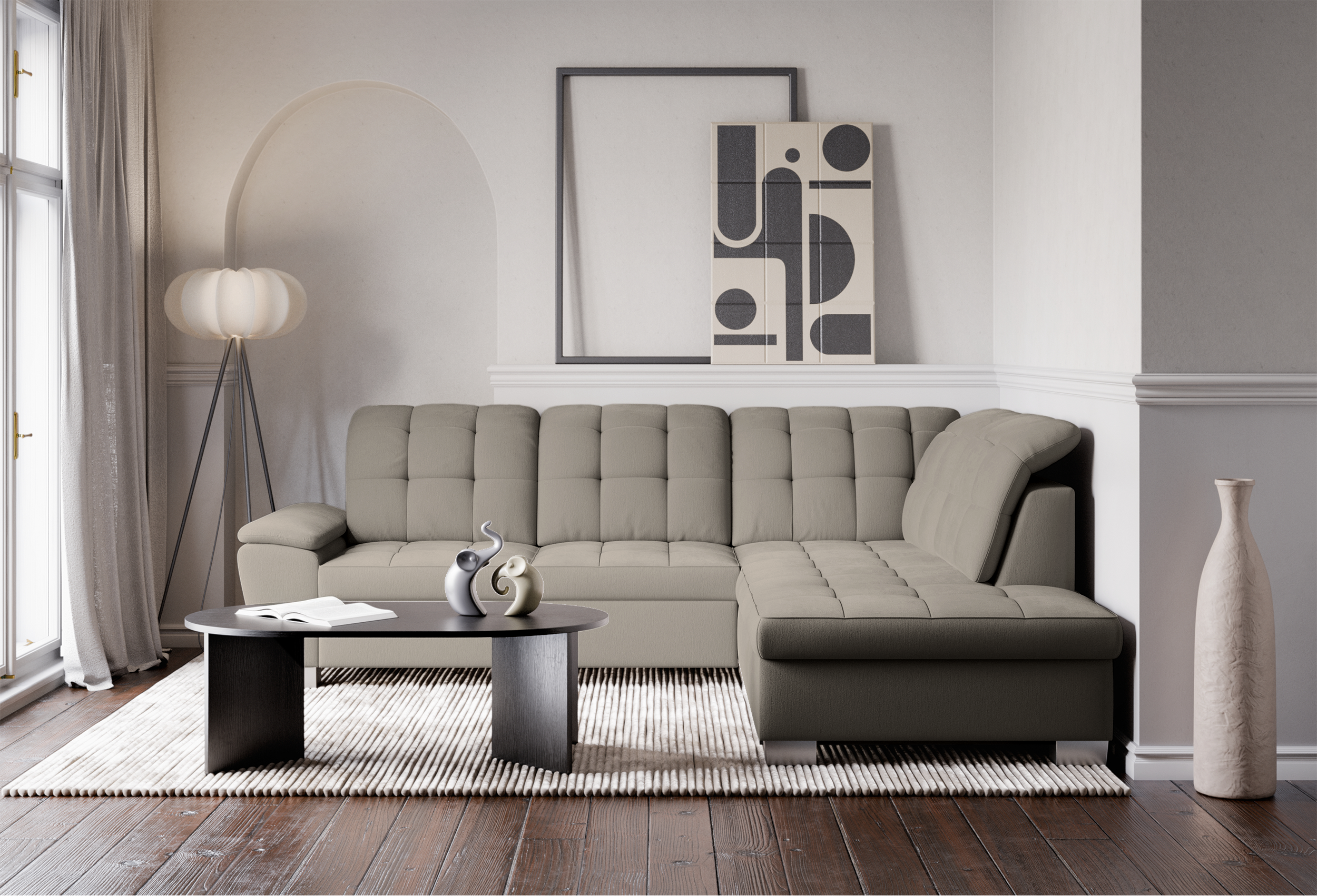 Ecksofa mit Schlafunktion Jamaal, L-förmig, rechtsseitig, mit Stauraum, grau-beige Flechtoptik