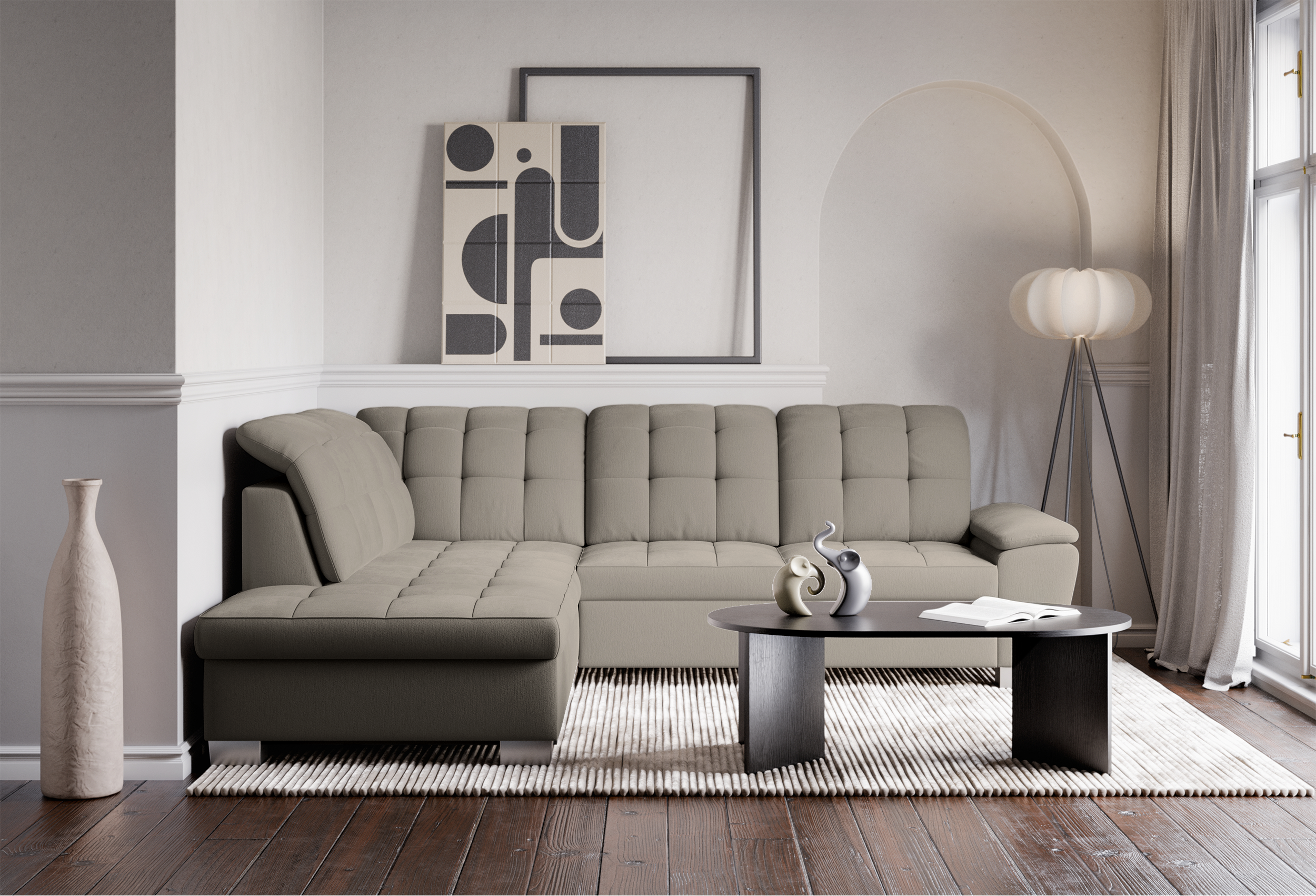 Ecksofa mit Schlaffunktion Jamaal, L-förmig, linksseitig, mit Stauraum, grau-beige Flechtoptik