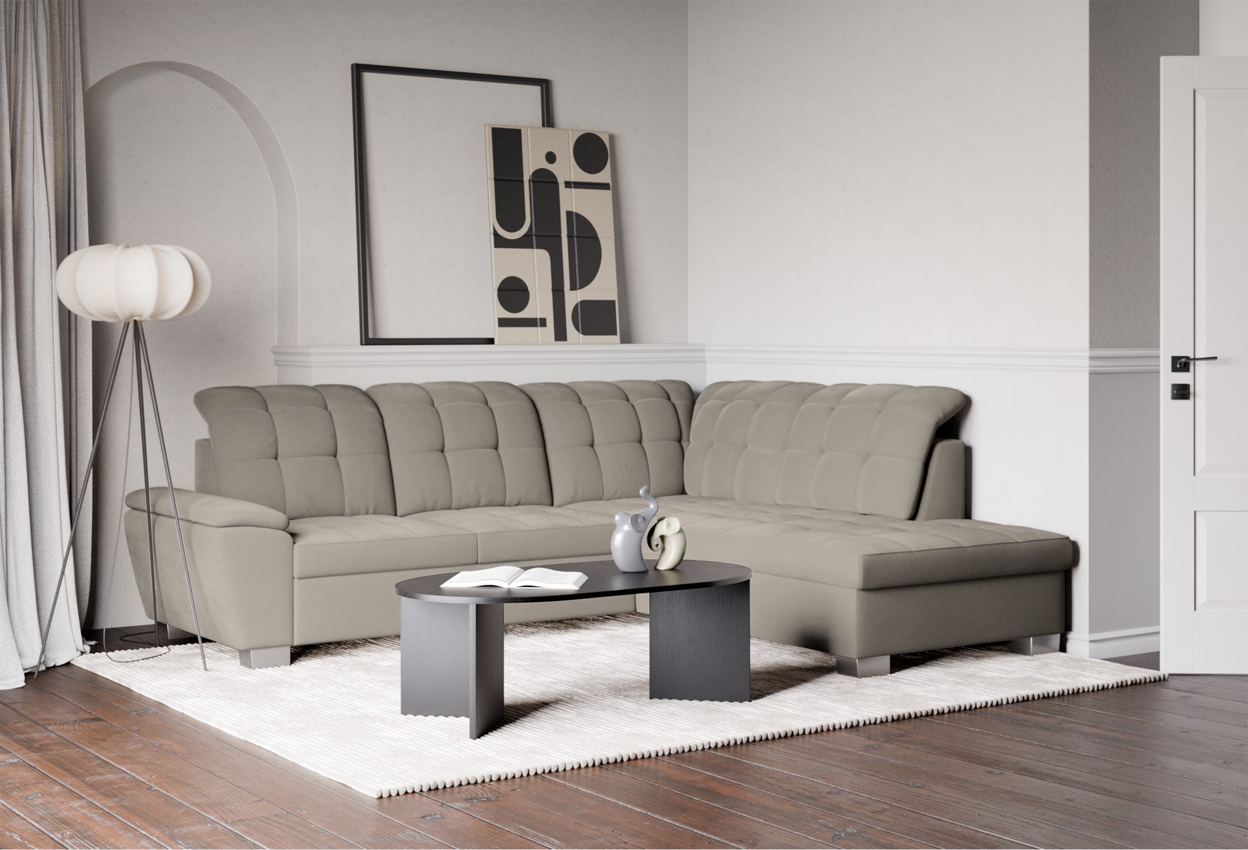 Ecksofa mit Schlafunktion Jamaal, L-förmig, rechtsseitig, mit Stauraum, grau-beige Flechtoptik
