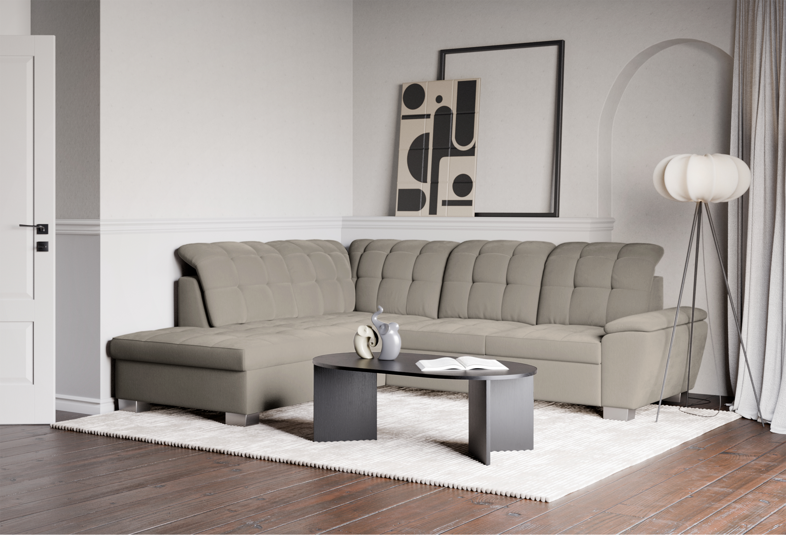 Ecksofa mit Schlaffunktion Jamaal, L-förmig, linksseitig, mit Stauraum, grau-beige Flechtoptik