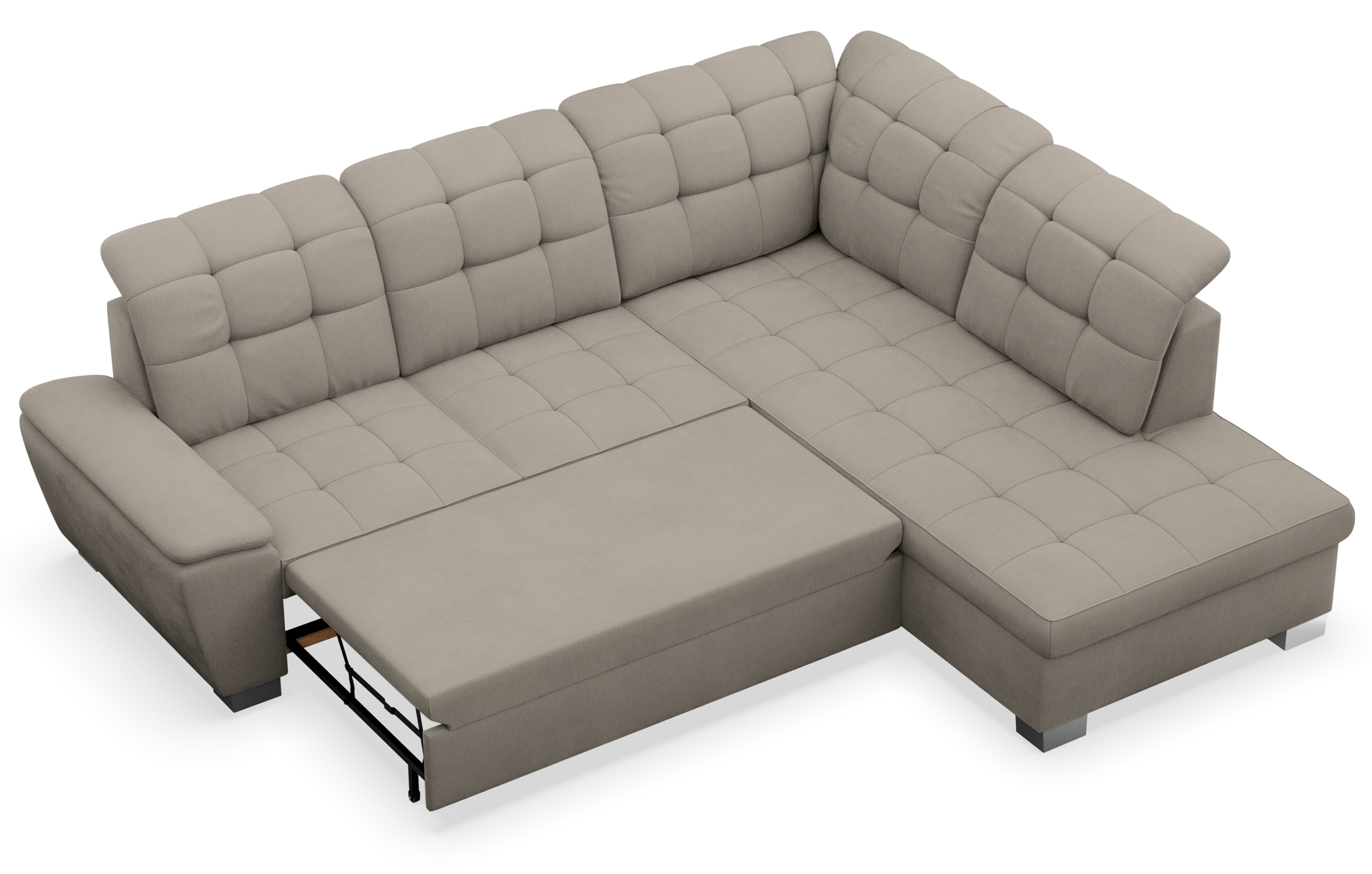 Ecksofa mit Schlafunktion Jamaal, L-förmig, rechtsseitig, mit Stauraum, grau-beige Flechtoptik