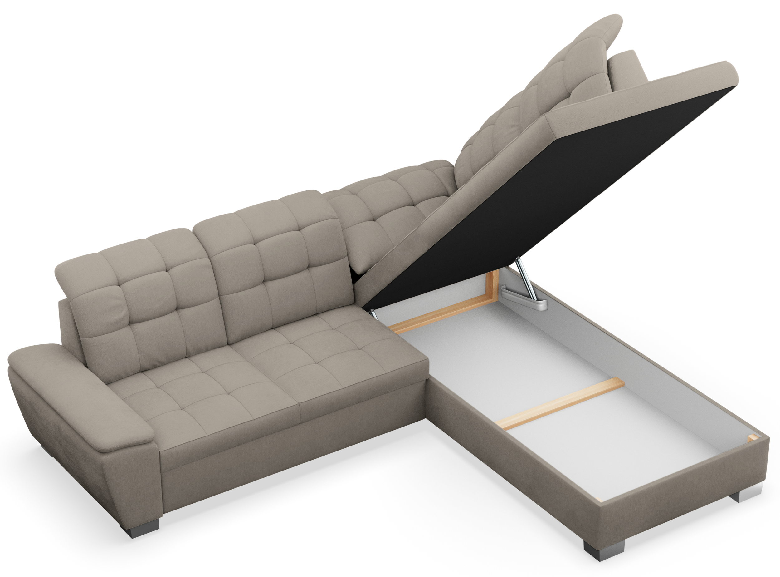 Ecksofa mit Schlafunktion Jamaal, L-förmig, rechtsseitig, mit Stauraum, grau-beige Flechtoptik