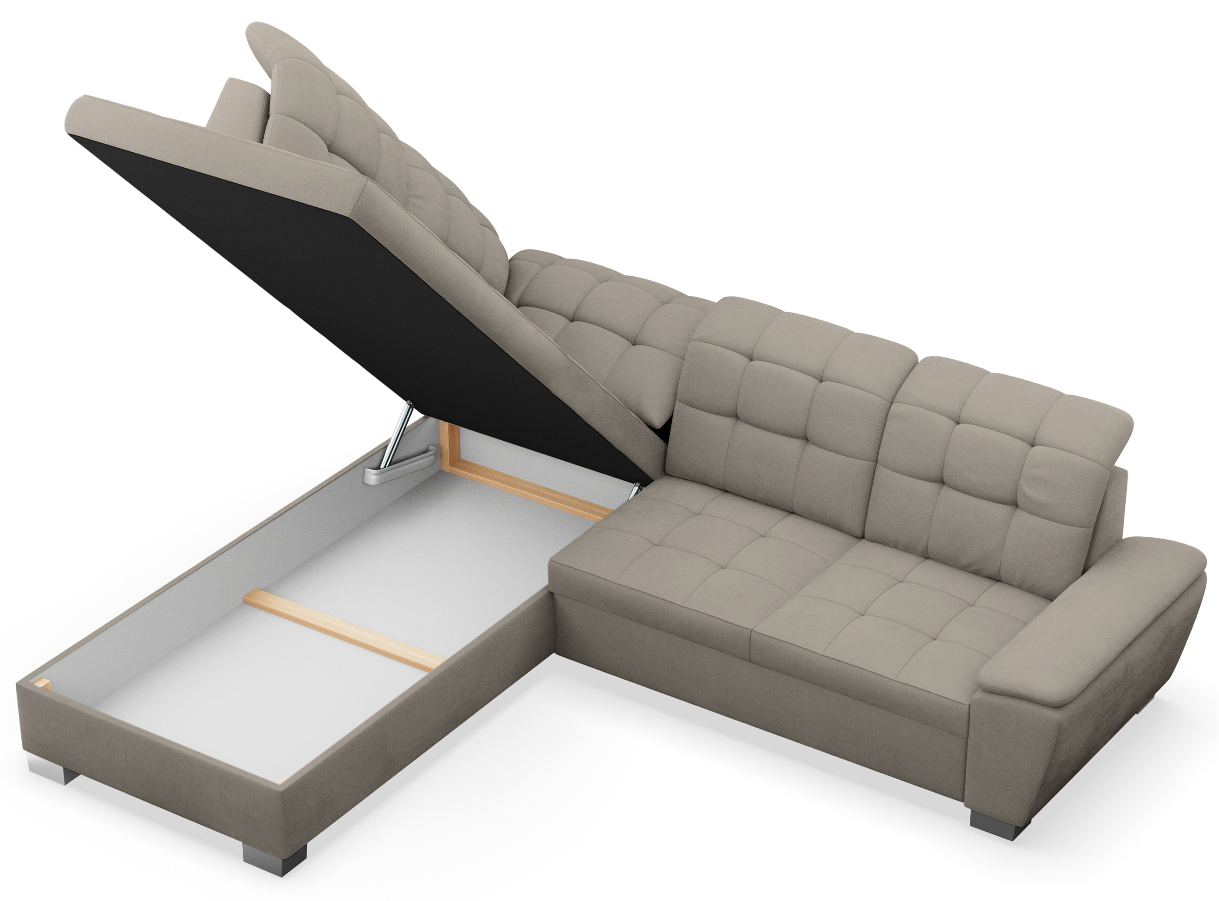 Ecksofa mit Schlaffunktion Jamaal, L-förmig, linksseitig, mit Stauraum, grau-beige Flechtoptik