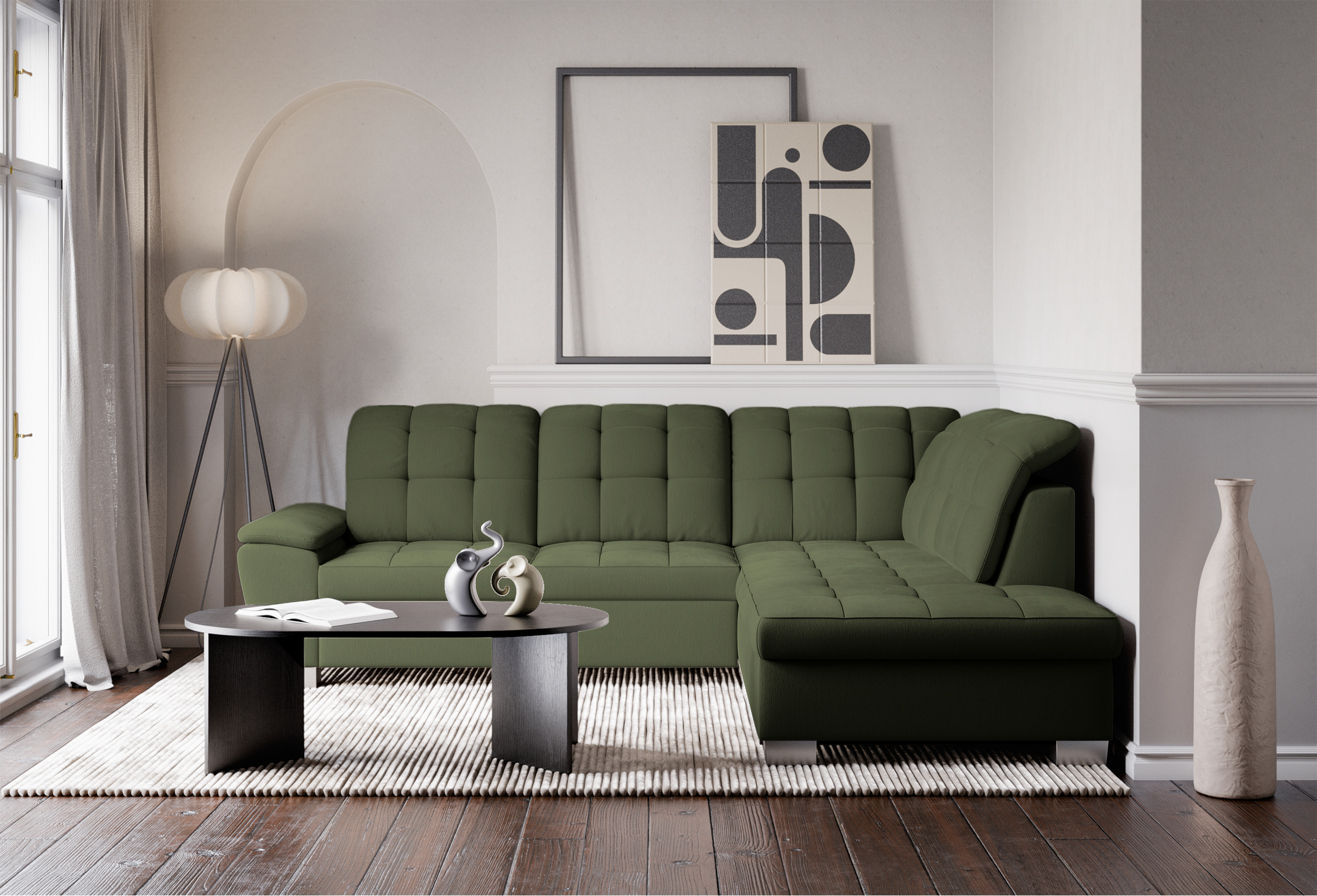 Ecksofa mit Schlaffunktion Jamaal, L-förmig, rechtsseitig, mit Stauraum, khaki Flechtoptik