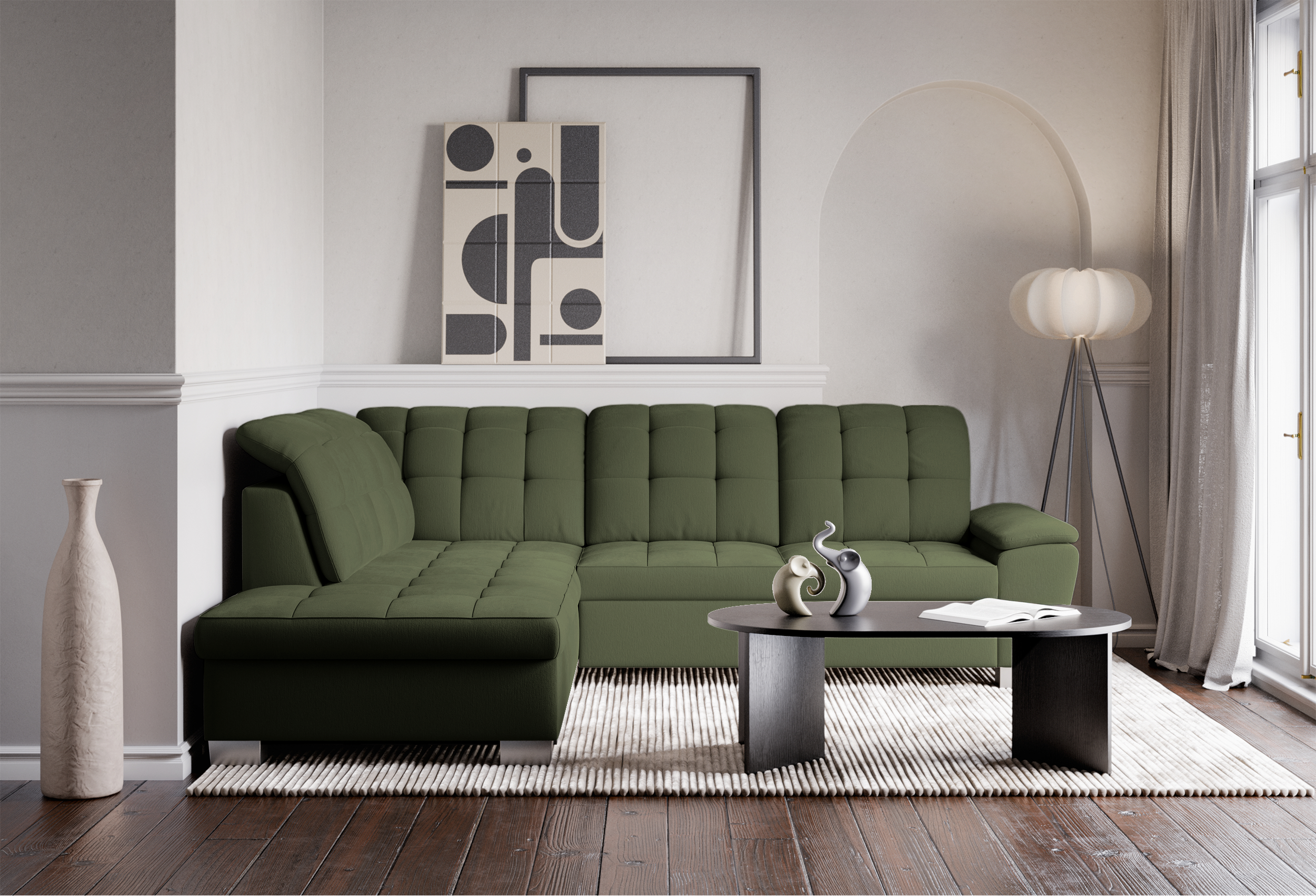 Ecksofa mit Schlaffunktion Jamaal, L-förmig, linksseitig, mit Stauraum, khakifarbenes Geflecht