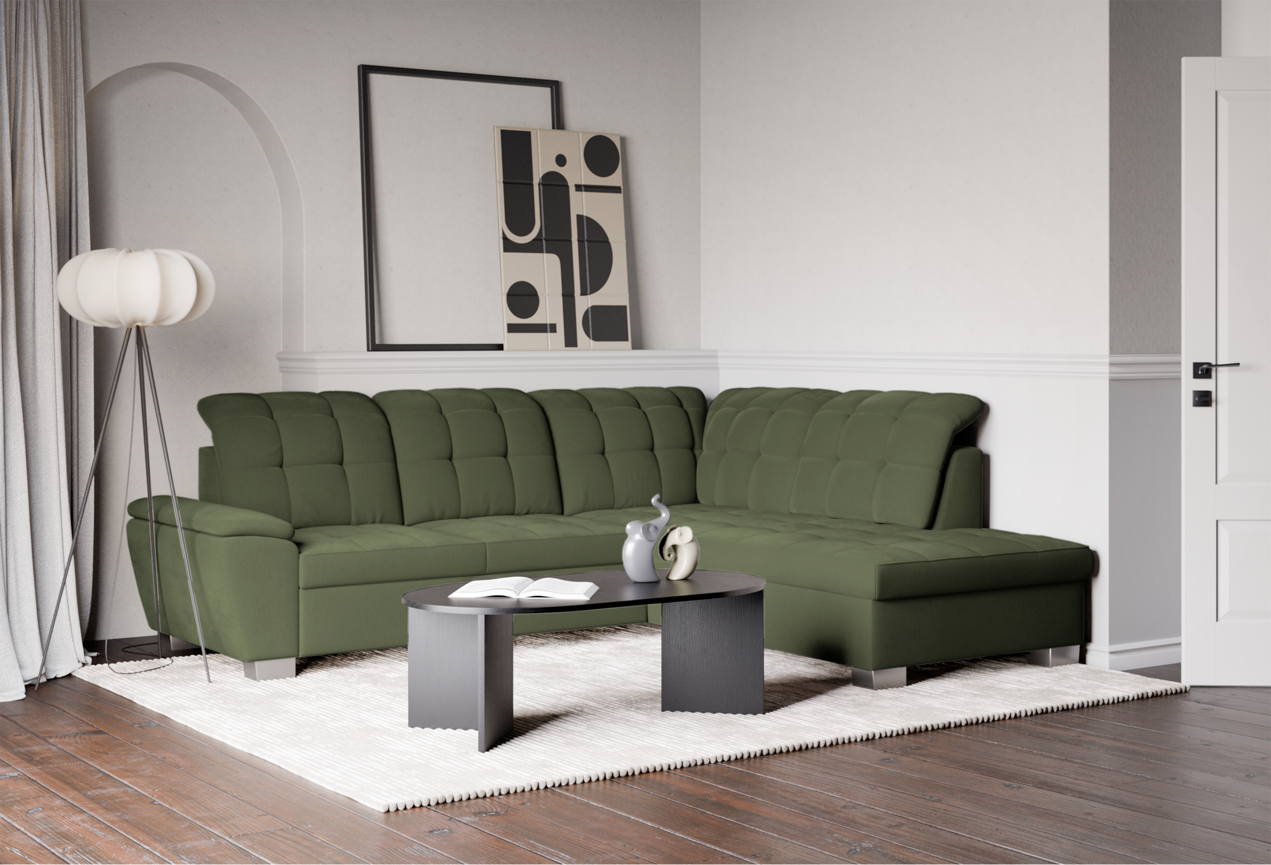 Ecksofa mit Schlaffunktion Jamaal, L-förmig, rechtsseitig, mit Stauraum, khaki Flechtoptik