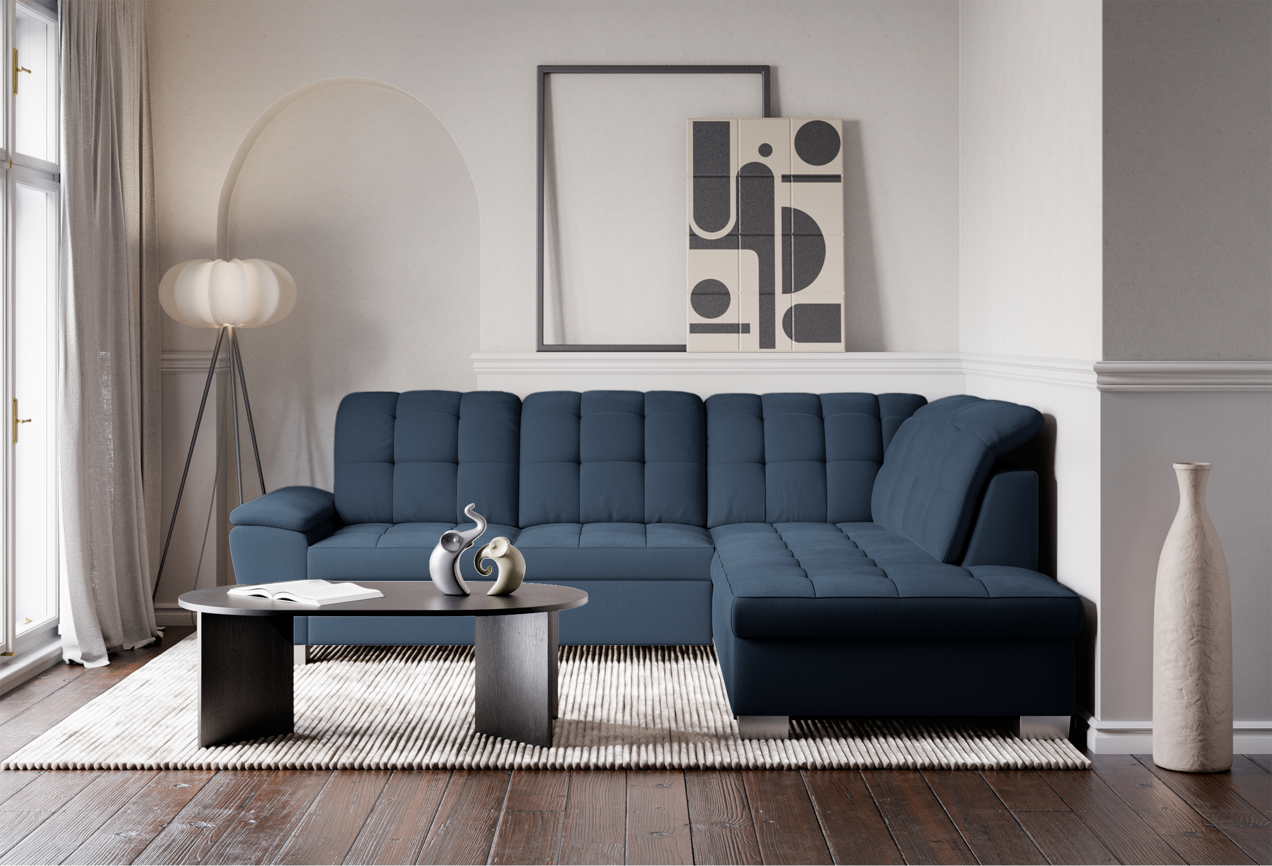 Ecksofa mit Schlaffunktion Jamaal, L-förmig, rechtsseitig, mit Stauraum, marineblaues Geflecht