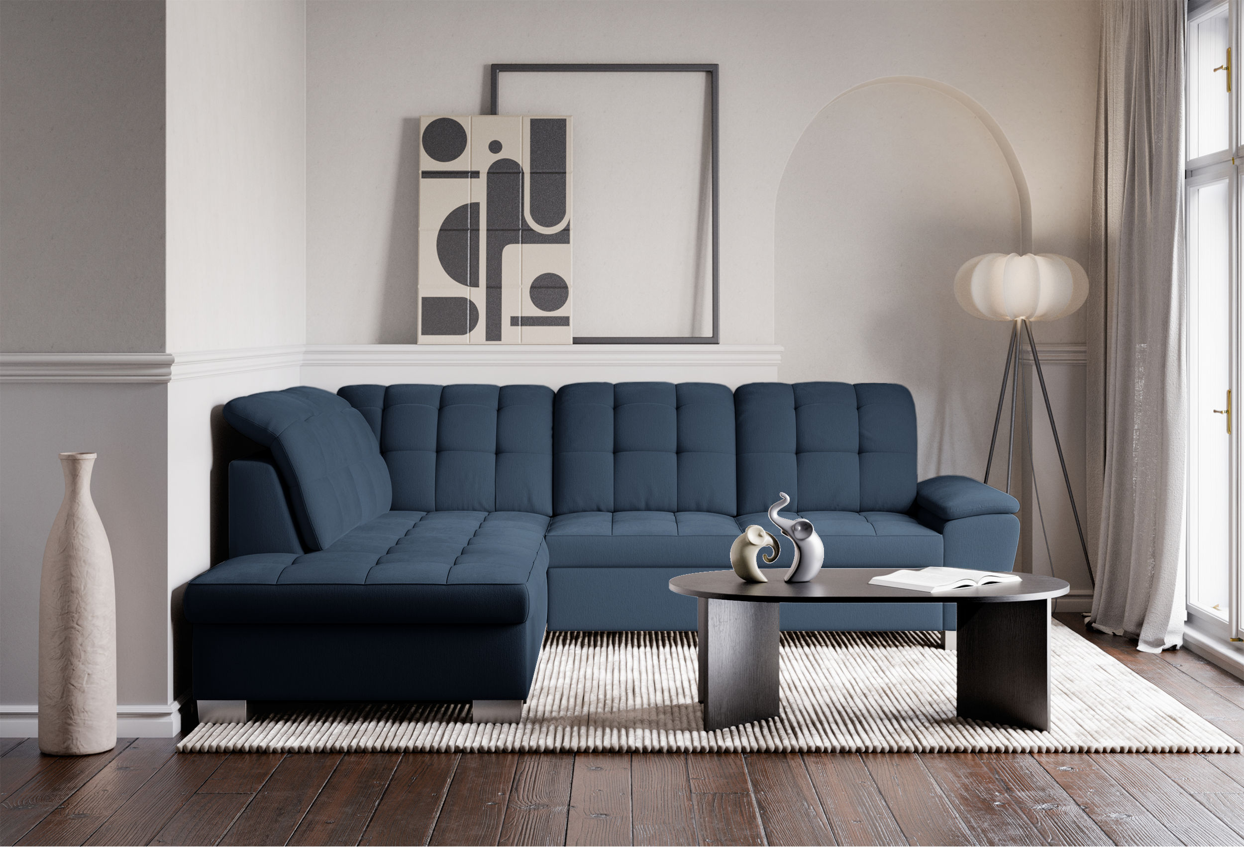 Ecksofa mit Schlaffunktion Jamaal, L-förmig, linksseitig, mit Stauraum, marineblaues Geflecht