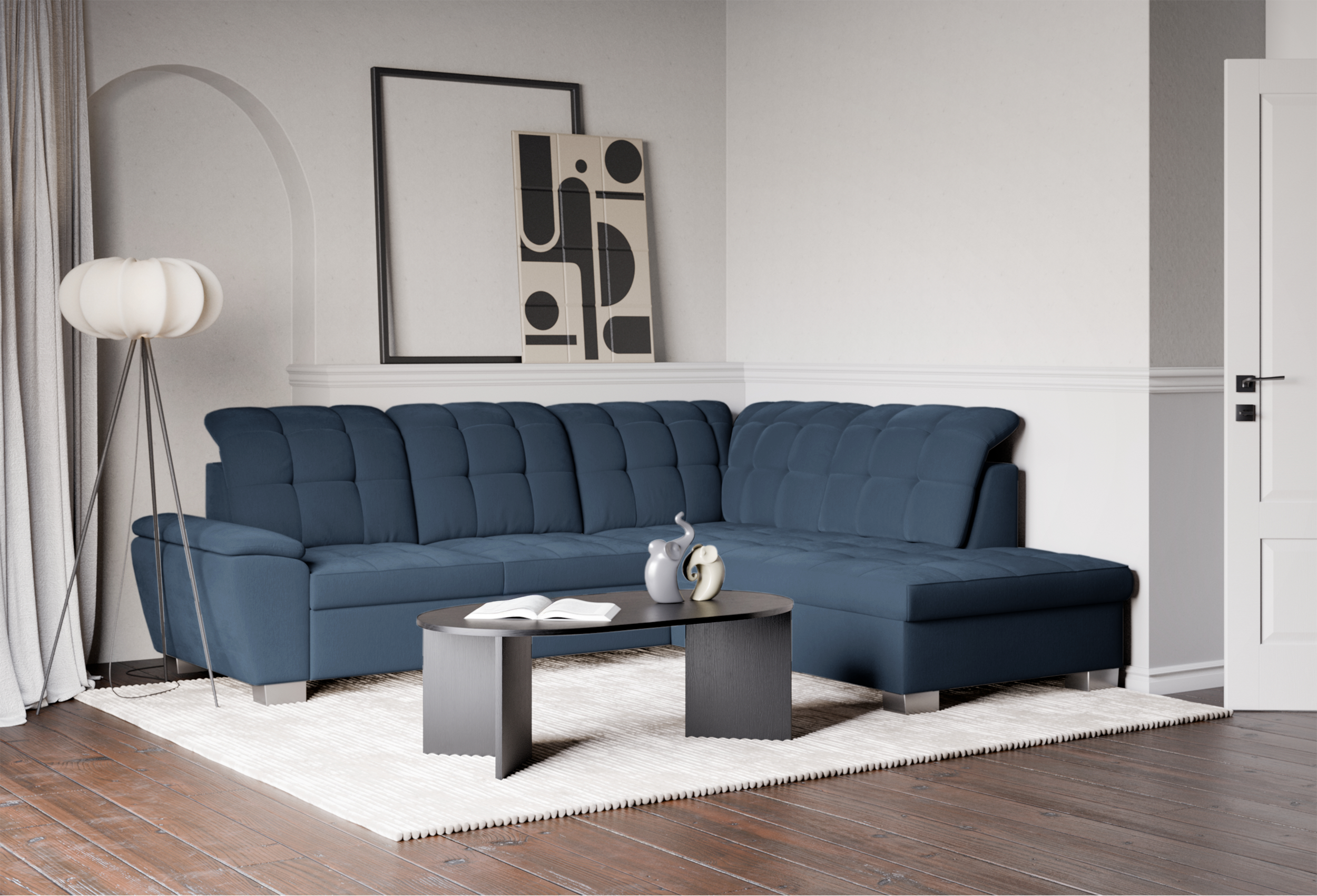 Ecksofa mit Schlaffunktion Jamaal, L-förmig, rechtsseitig, mit Stauraum, marineblaues Geflecht