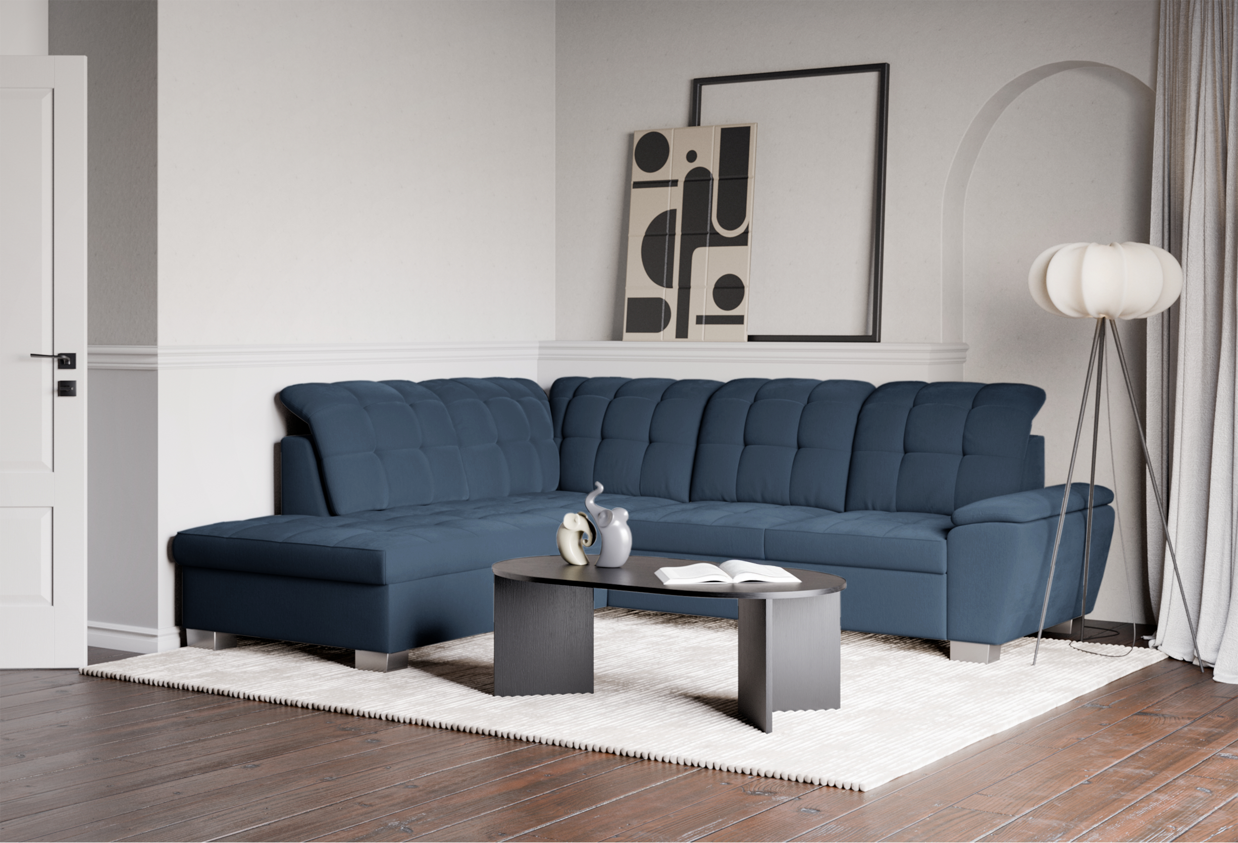 Ecksofa mit Schlaffunktion Jamaal, L-förmig, linksseitig, mit Stauraum, marineblaues Geflecht