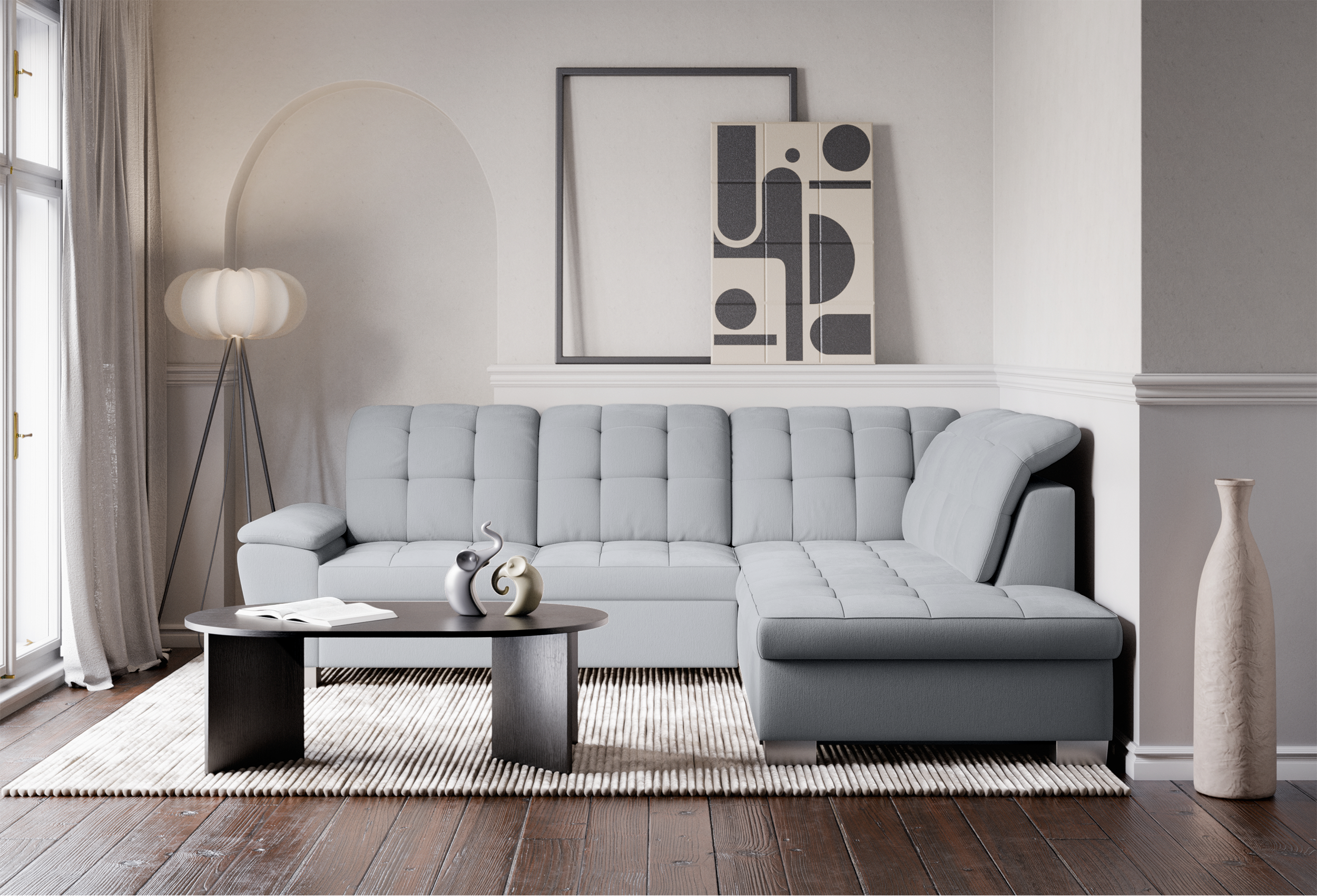 Ecksofa mit Schlaffunktion Jamaal, L-förmig, rechts, mit Stauraum, hellgraues Geflecht