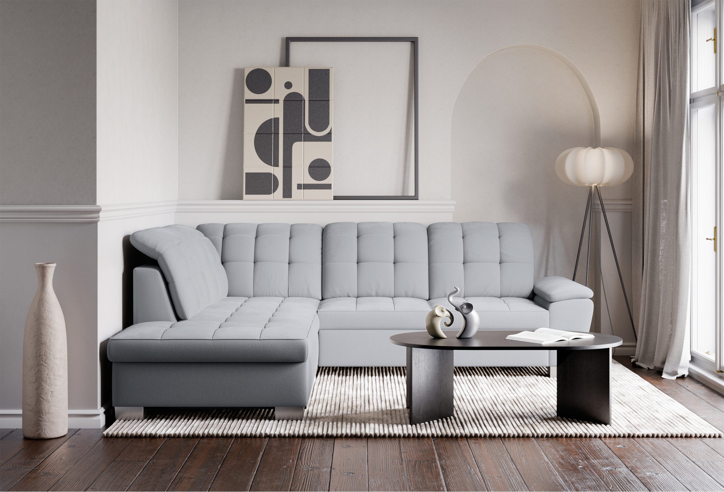 Ecksofa mit Schlafunktion Jamaal, L-förmig, linksseitig, mit Stauraum, hellgraues Geflecht