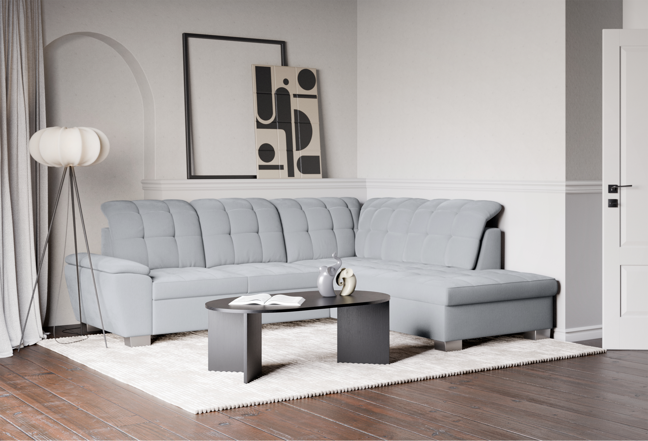 Ecksofa mit Schlaffunktion Jamaal, L-förmig, rechts, mit Stauraum, hellgraues Geflecht
