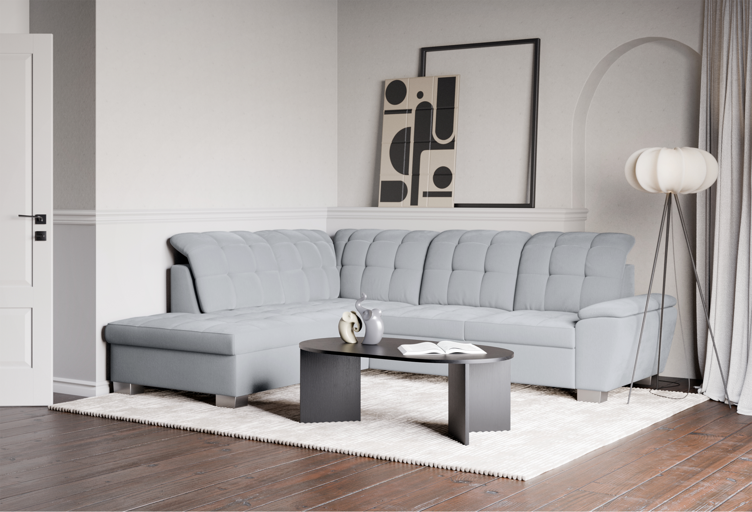 Ecksofa mit Schlafunktion Jamaal, L-förmig, linksseitig, mit Stauraum, hellgraues Geflecht