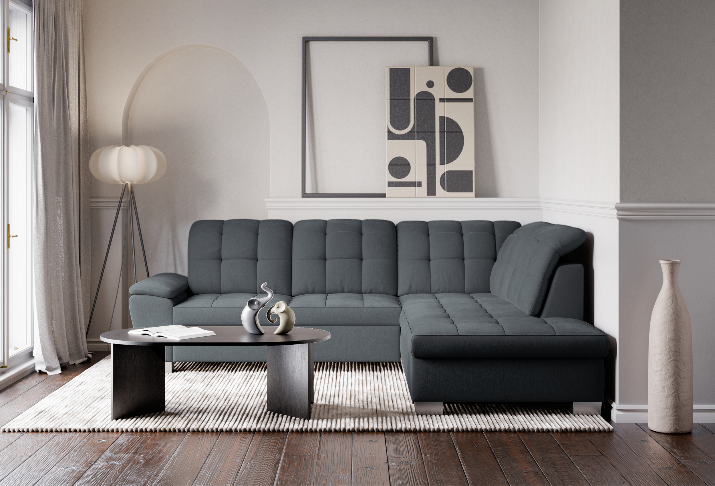 Ecksofa mit Schlaffunktion Jamaal, L-förmig, rechtsseitig, mit Stauraum, dunkelgraues Geflecht