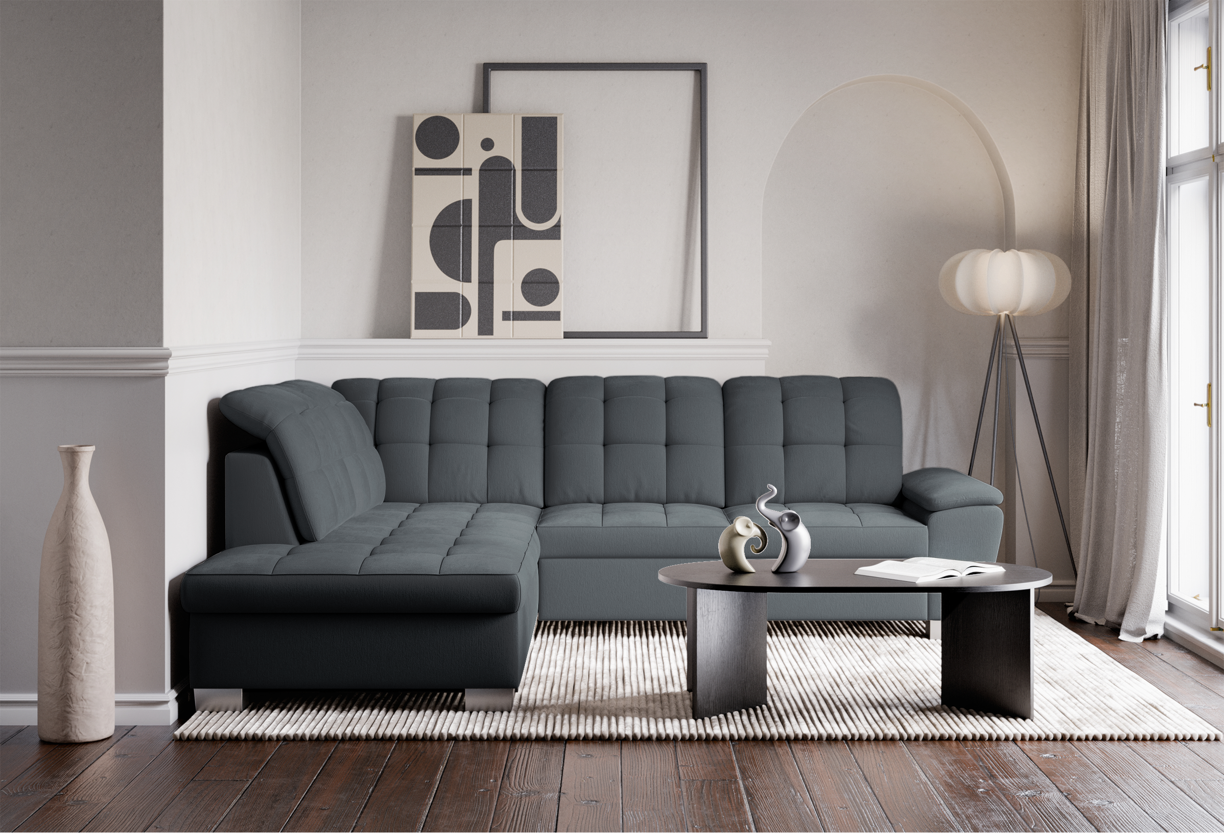 Ecksofa mit Schlaffunktion Jamaal, L-förmig, linksseitig, mit Stauraum, dunkelgraues Geflecht