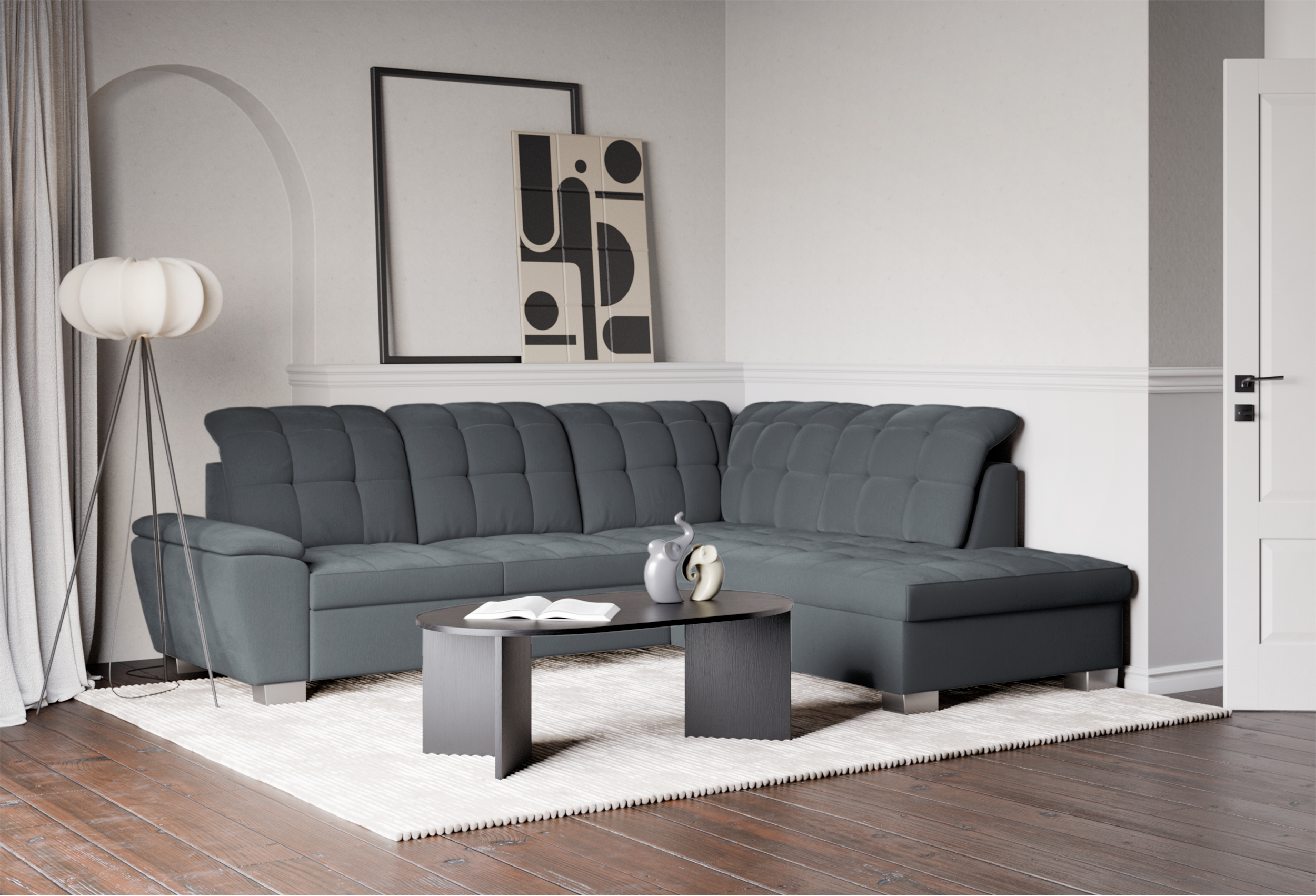 Ecksofa mit Schlaffunktion Jamaal, L-förmig, rechtsseitig, mit Stauraum, dunkelgraues Geflecht