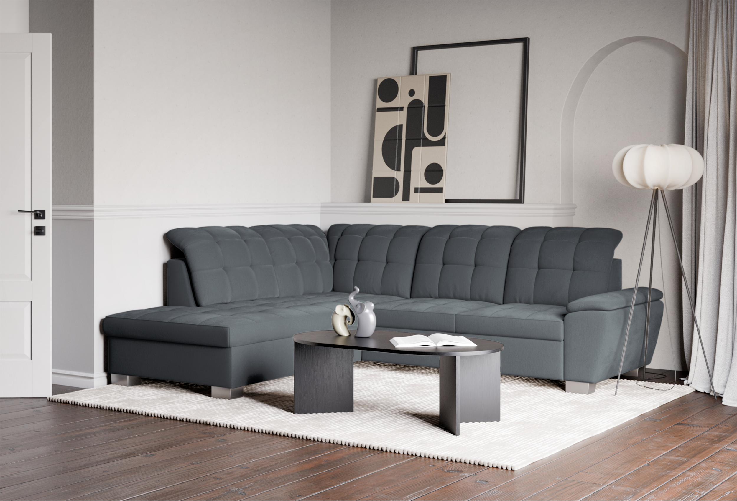 Ecksofa mit Schlaffunktion Jamaal, L-förmig, linksseitig, mit Stauraum, dunkelgraues Geflecht