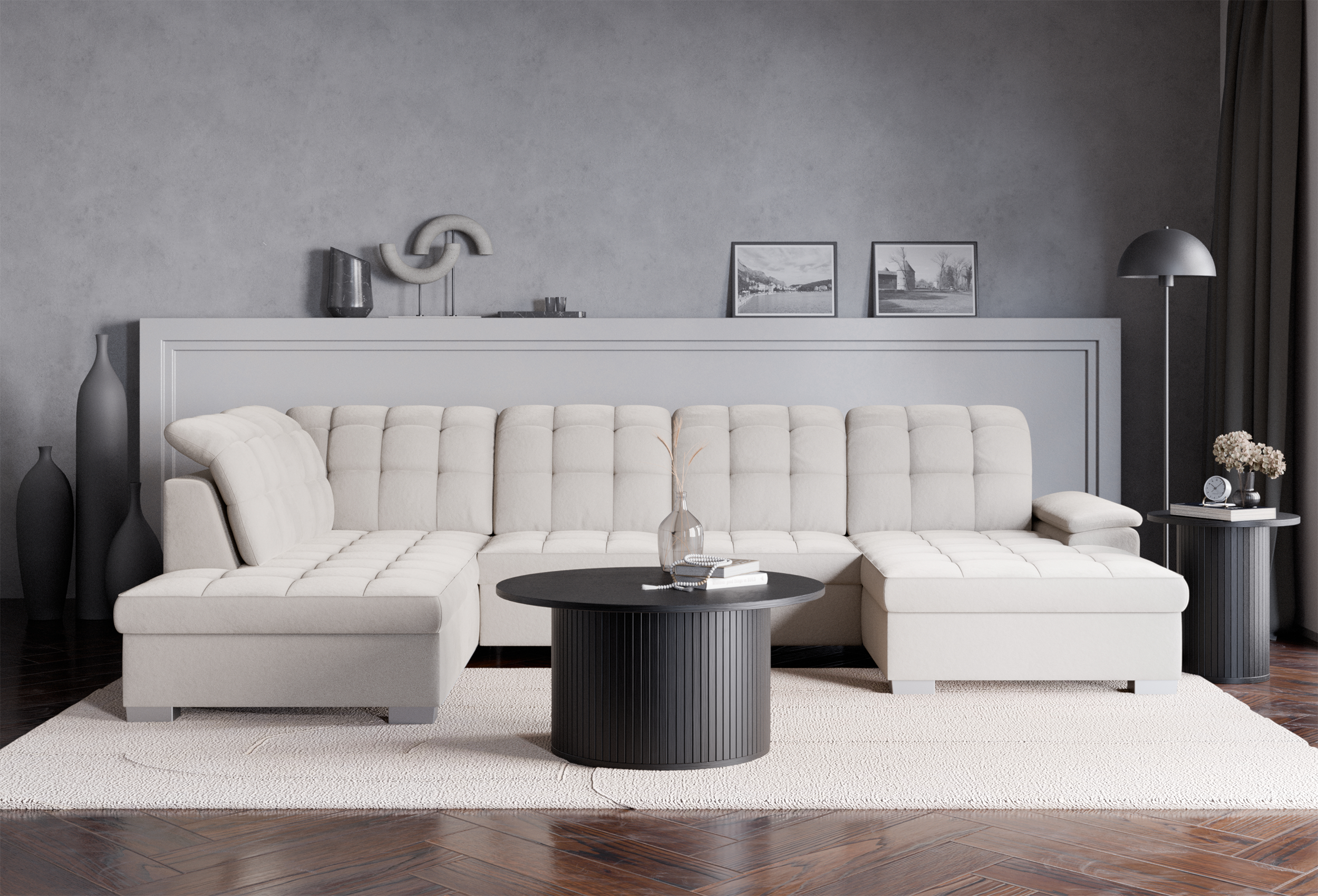 Ecksofa mit Schlaffunktion Jamaal, U-förmig, rechtsseitig, mit Stauraum, grau-beiger hydrophober Samt