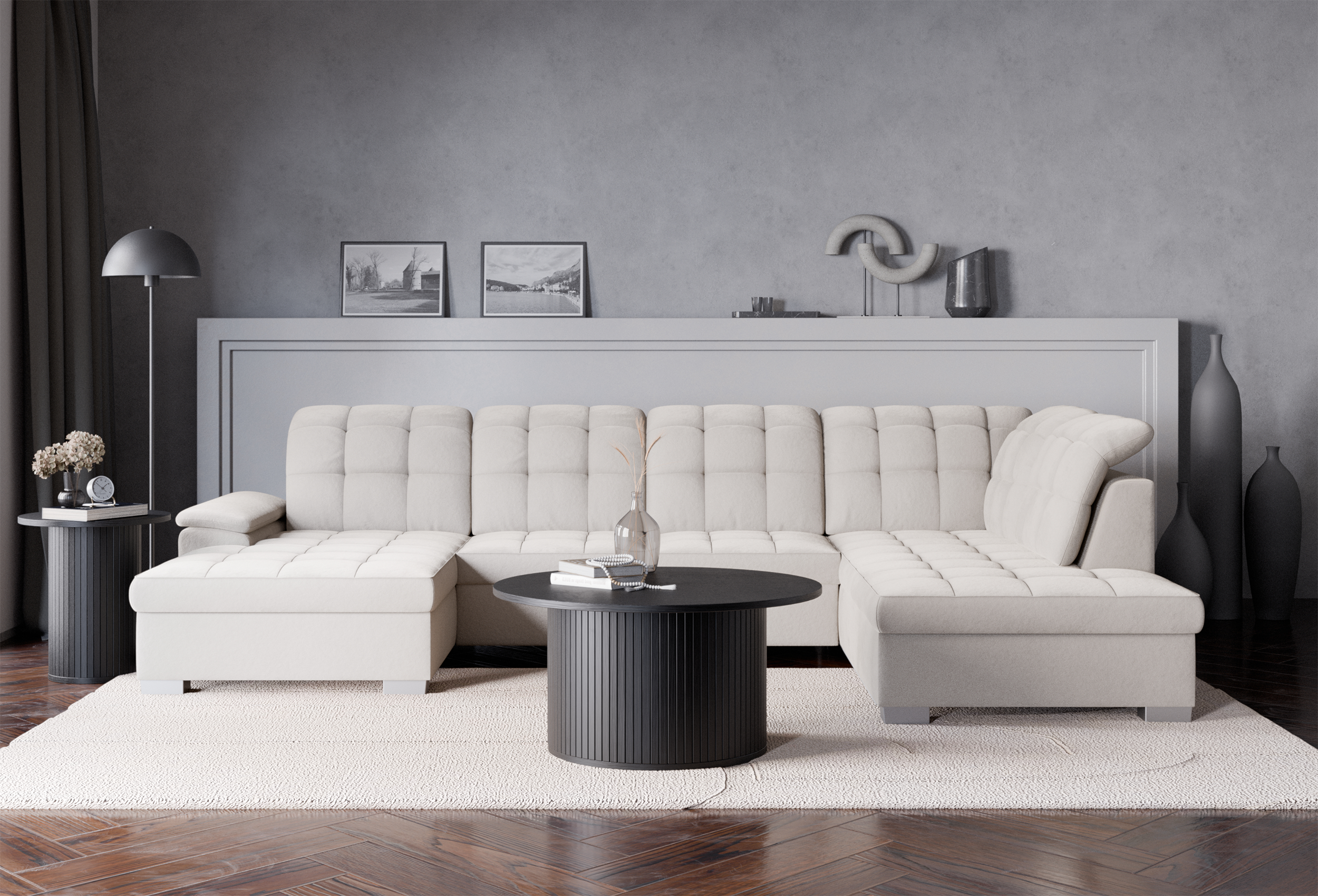 Ecksofa mit Schlaffunktion Jamaal U-förmig linksseitig mit Stauraum, grau-beiger hydrophober Samt