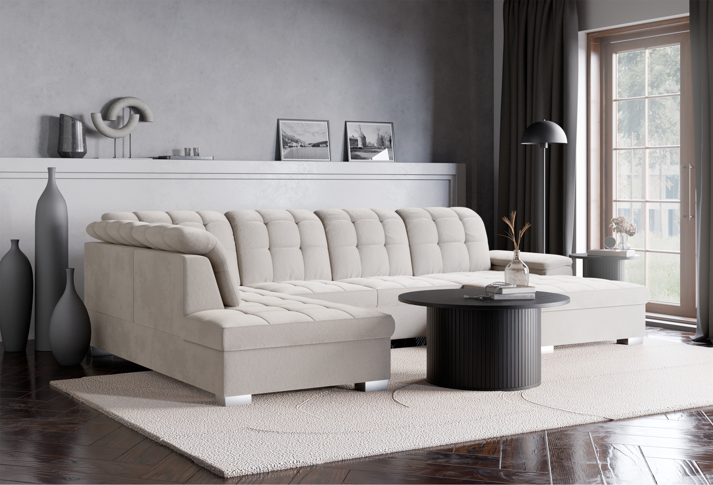 Ecksofa mit Schlaffunktion Jamaal, U-förmig, rechtsseitig, mit Stauraum, grau-beiger hydrophober Samt
