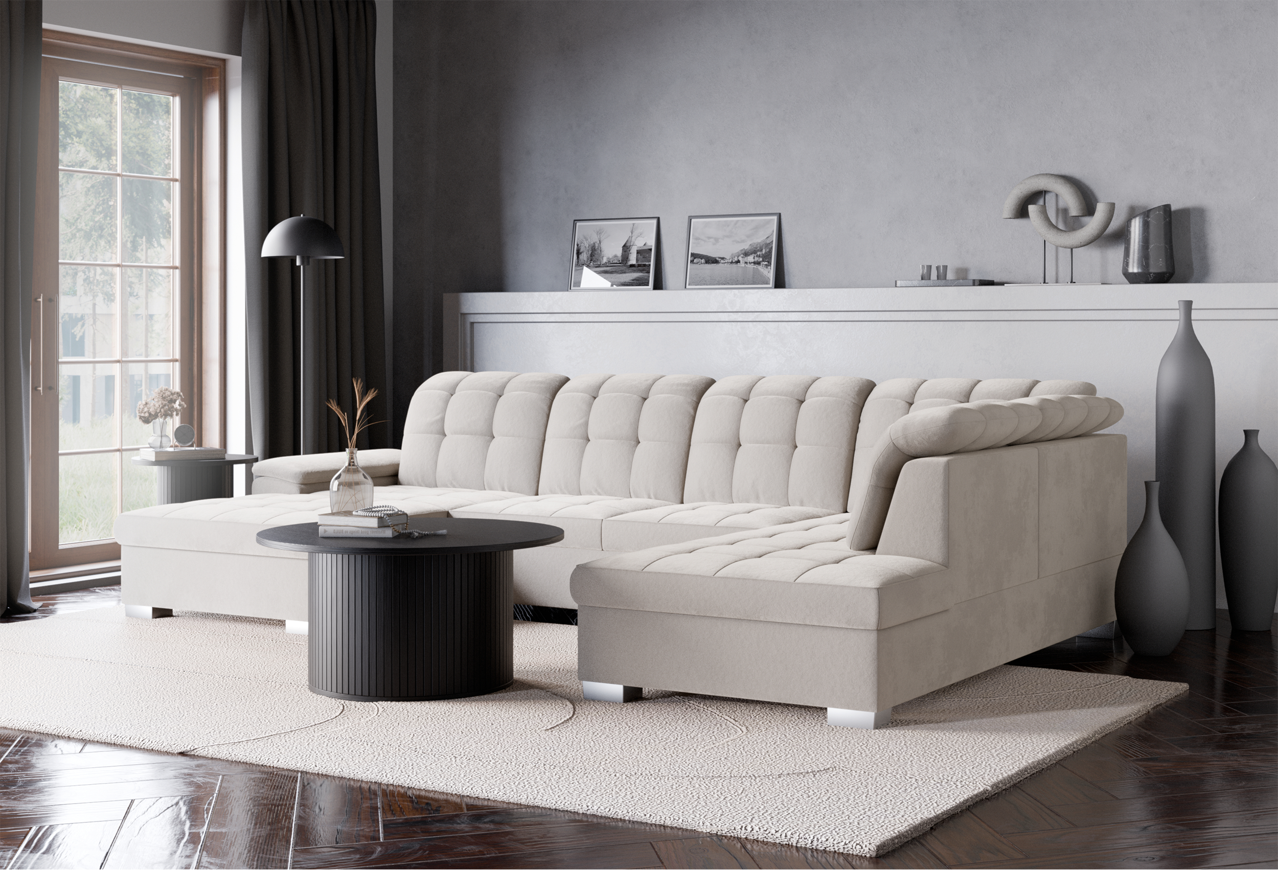 Ecksofa mit Schlaffunktion Jamaal U-förmig linksseitig mit Stauraum, grau-beiger hydrophober Samt