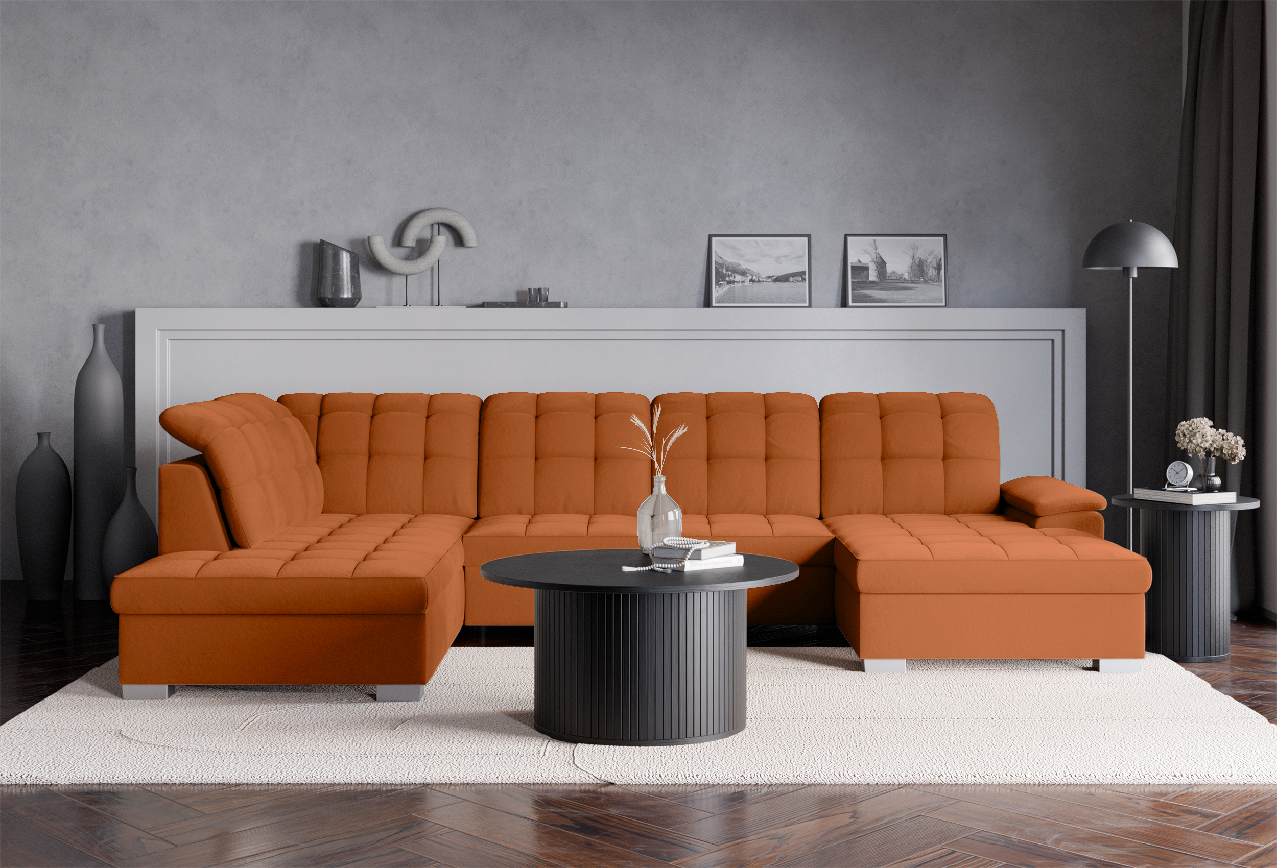 Ecksofa mit Schlaffunktion Jamaal, U-förmig, rechtsseitig, mit Stauraum, kupferfarbener, hydrophober Samt