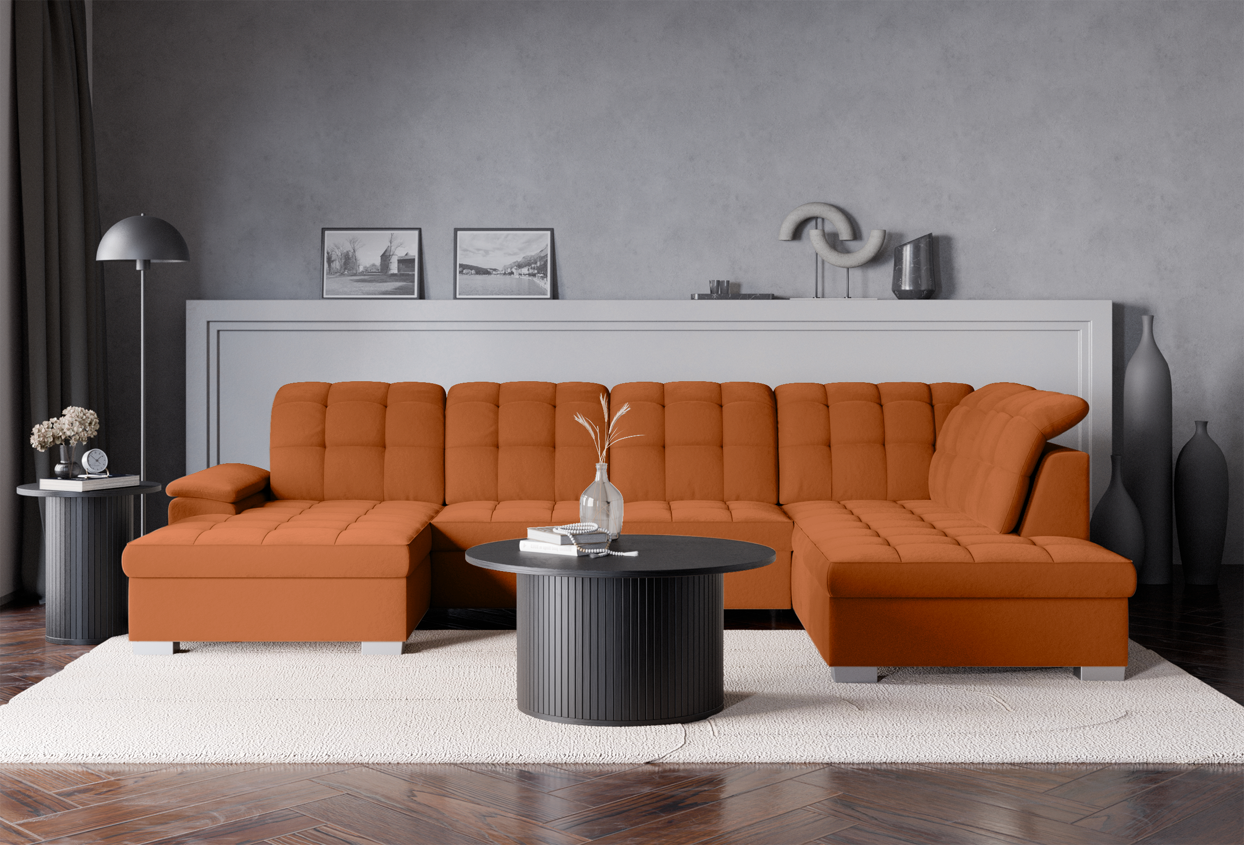 Ecksofa mit Schlaffunktion Jamaal U-förmig linksseitig mit Stauraum kupferfarbener, hydrophober Samt