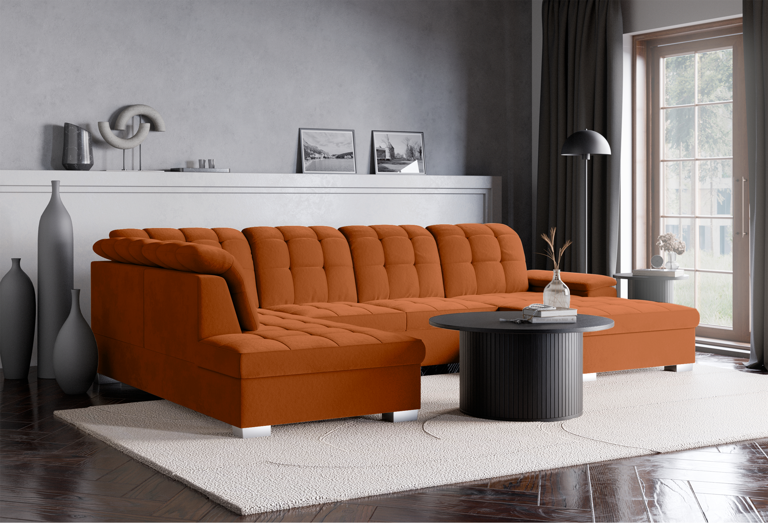 Ecksofa mit Schlaffunktion Jamaal, U-förmig, rechtsseitig, mit Stauraum, kupferfarbener, hydrophober Samt